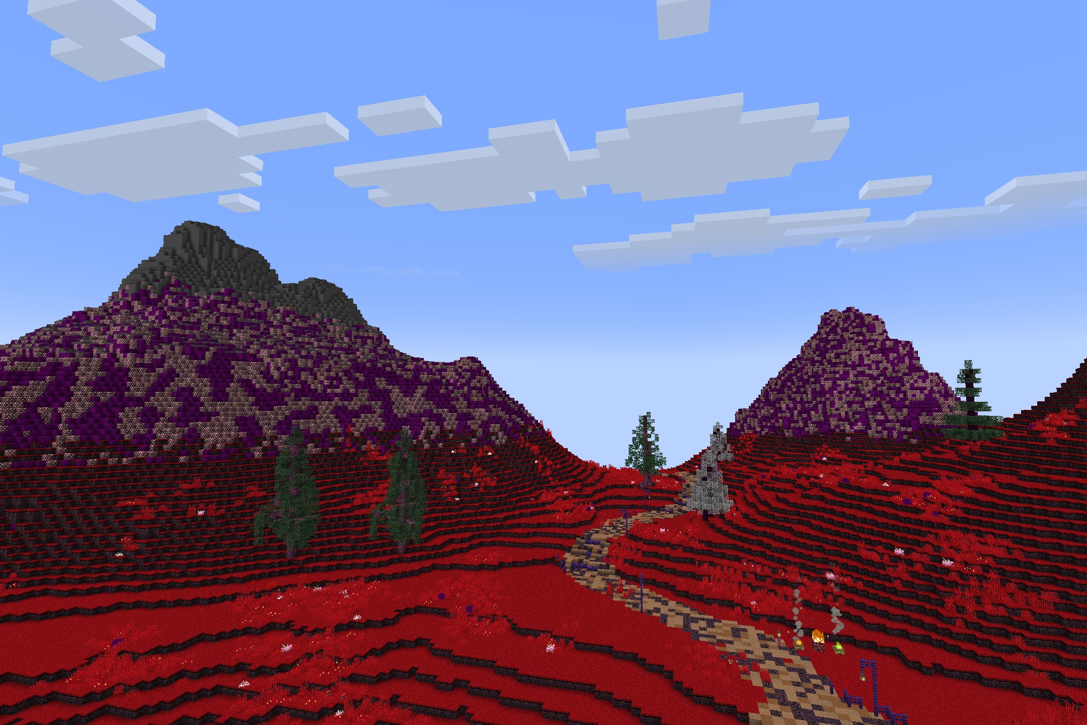 Hazbin Hotel + Helluva Boss Pack Resource Pack Screenshot 6 Custom red and purple demonic biome with a stone path and tall trees