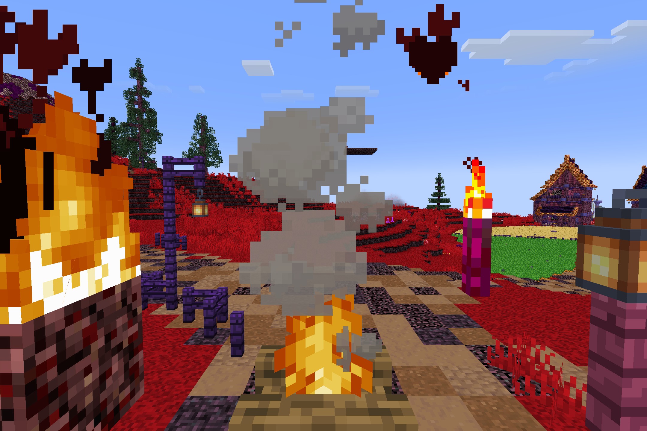 Hazbin Hotel + Helluva Boss Pack Resource Pack Screenshot 8 A campfire burns in a red grass biome with purple roofed houses