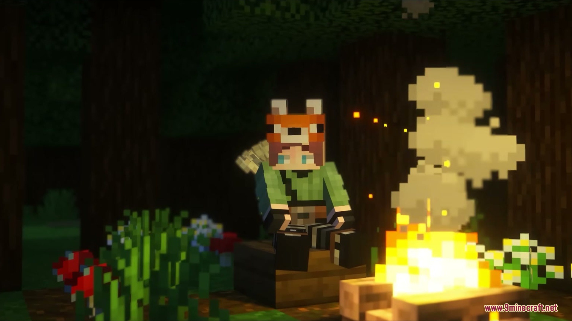 A character wearing a fox mask sits by a glowing campfire in the woods
