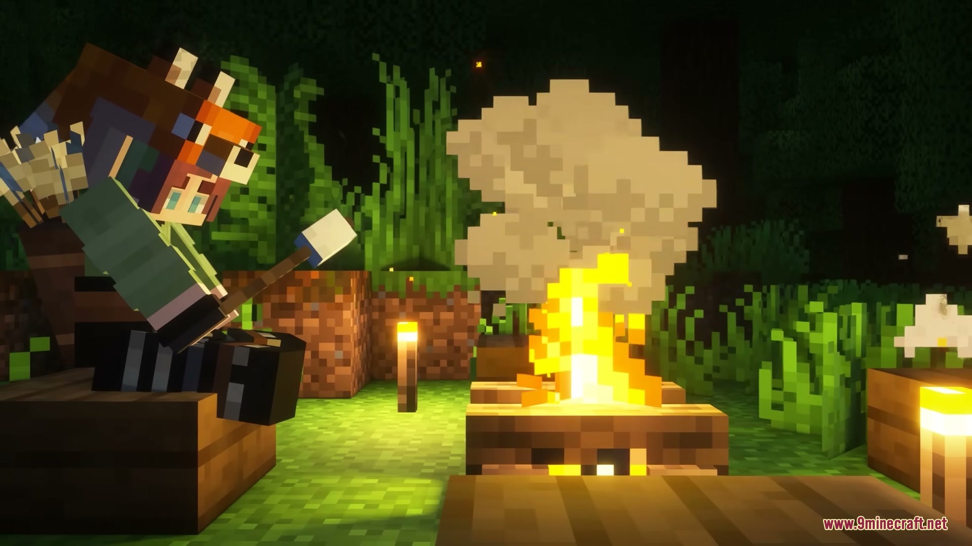 A player rests by a glowing campfire in a dark forest at night