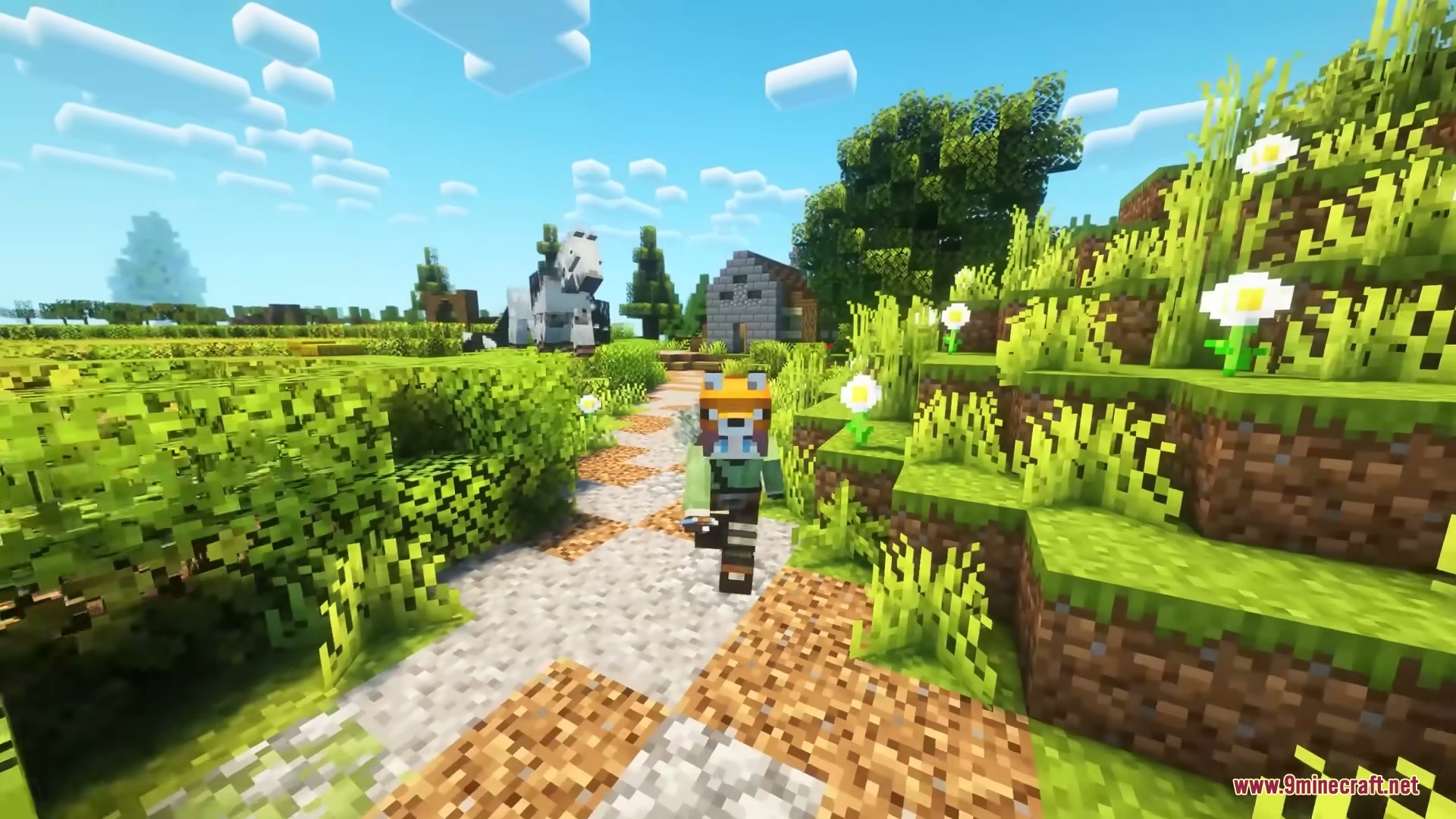A player walks along a gravel path in a vibrant Minecraft farm environment