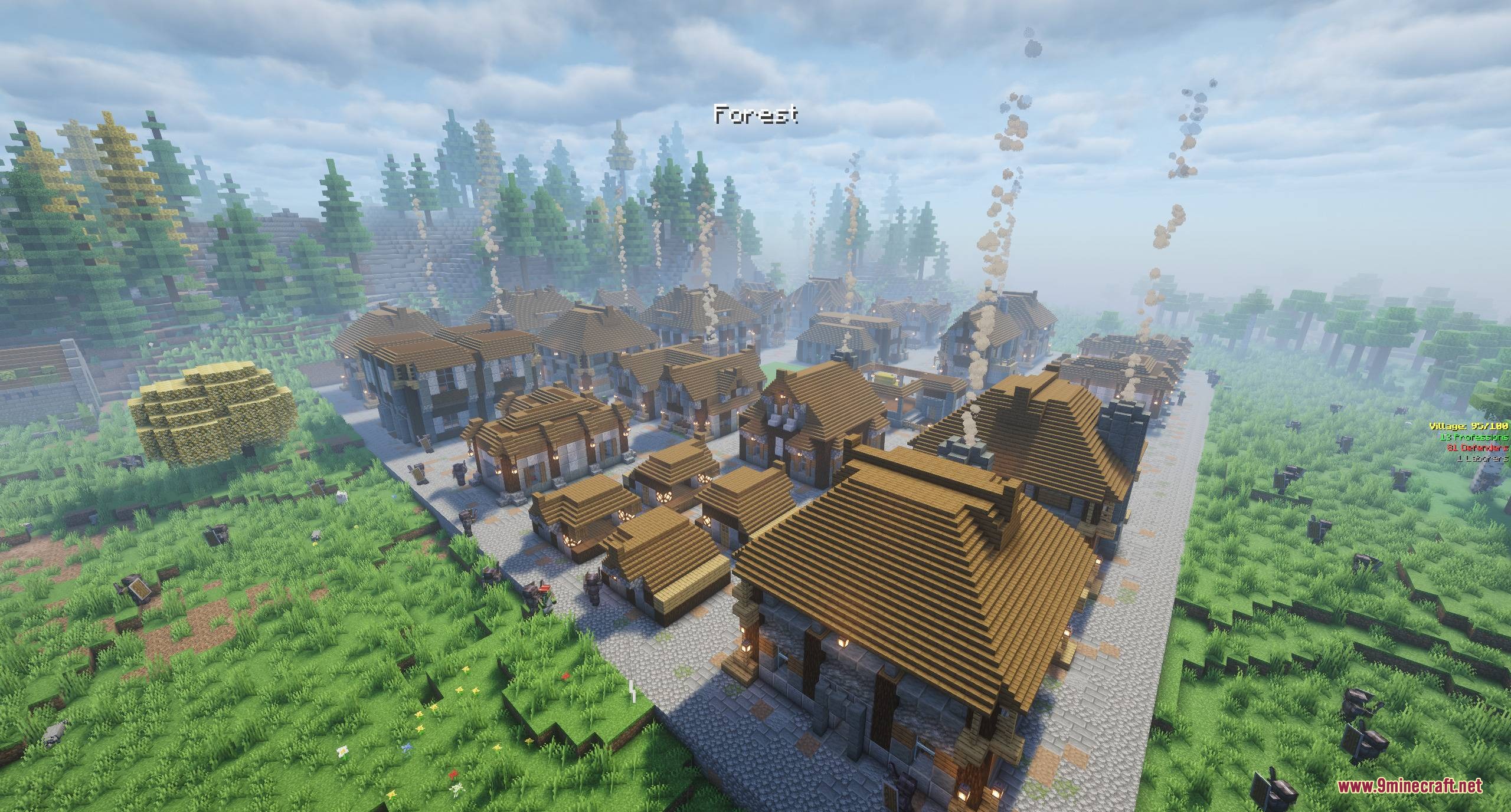 Hearthbound Blueprints Mod Screenshot 2 Multiple wooden houses with smoking chimneys located near a large pine forest