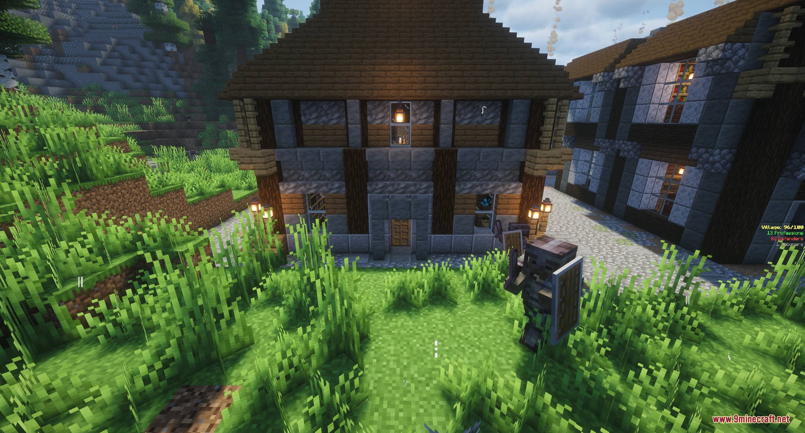 Hearthbound Blueprints Mod Screenshot 4 A defender mob standing outside a detailed wooden house in a Minecraft world