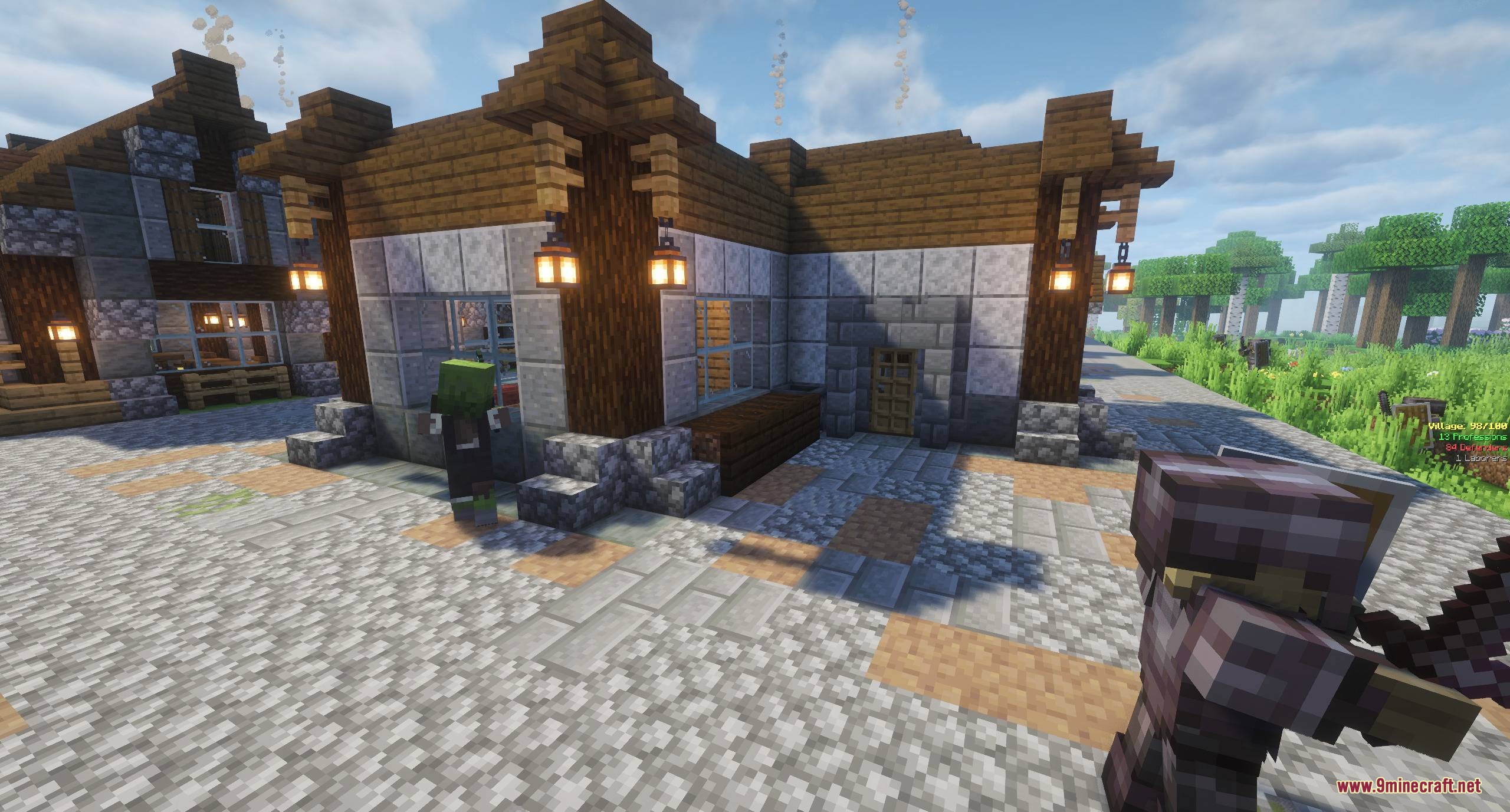 Hearthbound Blueprints Mod Screenshot 6 A cozy stone cottage with lanterns hanging from the wooden roof corners