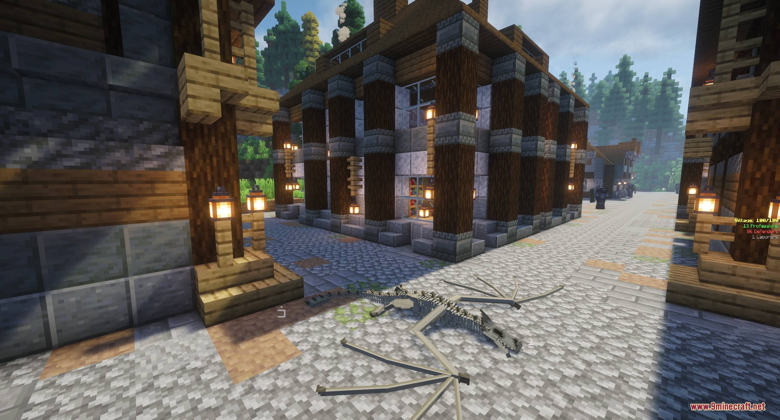 Hearthbound Blueprints Mod Screenshot 8 A dragon skeleton lies on the cobblestone street of a Minecraft village