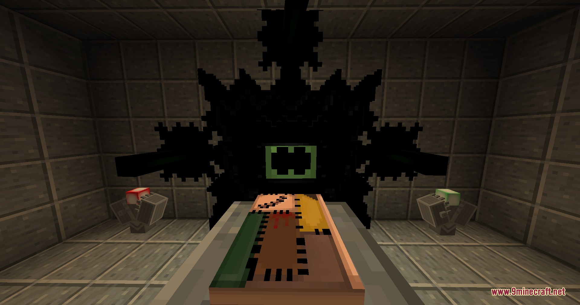 Hermaeus Mora Mod Screenshot 4 Hermaeus Mora looms over a table holding an open Black Book in Minecraft