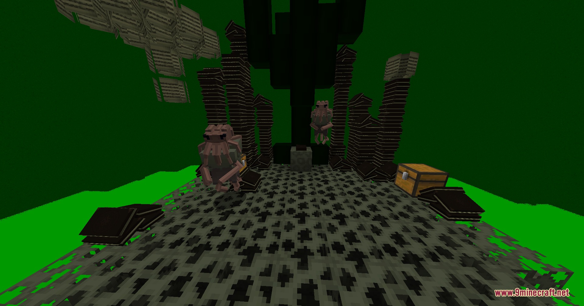 Hermaeus Mora Mod Screenshot 5 Seekers float near stacks of books in the eerie green Apocrypha dimension