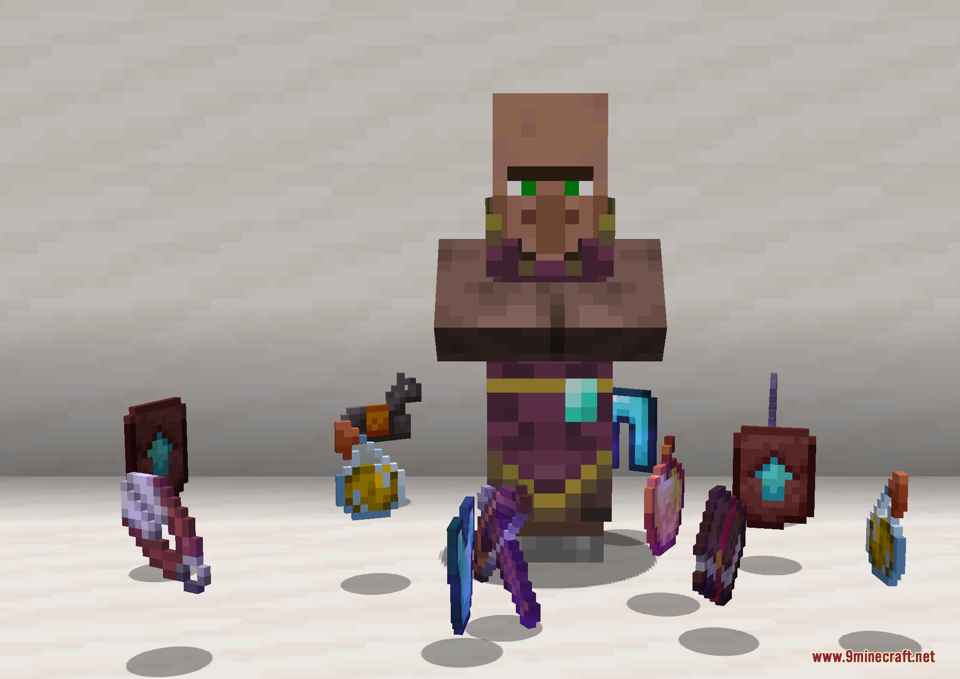 Hero of the Village Plus Better Villagers and Extra Trades Mod Screenshot 1 A villager surrounded by rare loot including netherite tools and enchanted diamond armor
