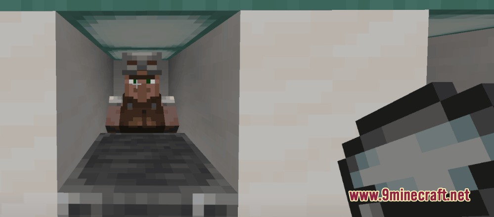 Hero of the Village Plus Better Villagers and Extra Trades Mod Screenshot 2 A villager wearing goggles stands behind a counter inside a small trading booth