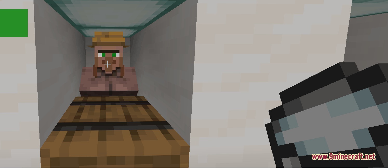 Hero of the Village Plus Better Villagers and Extra Trades Mod Screenshot 4 A player holding a bucket stands before a fisherman villager in a trading hall