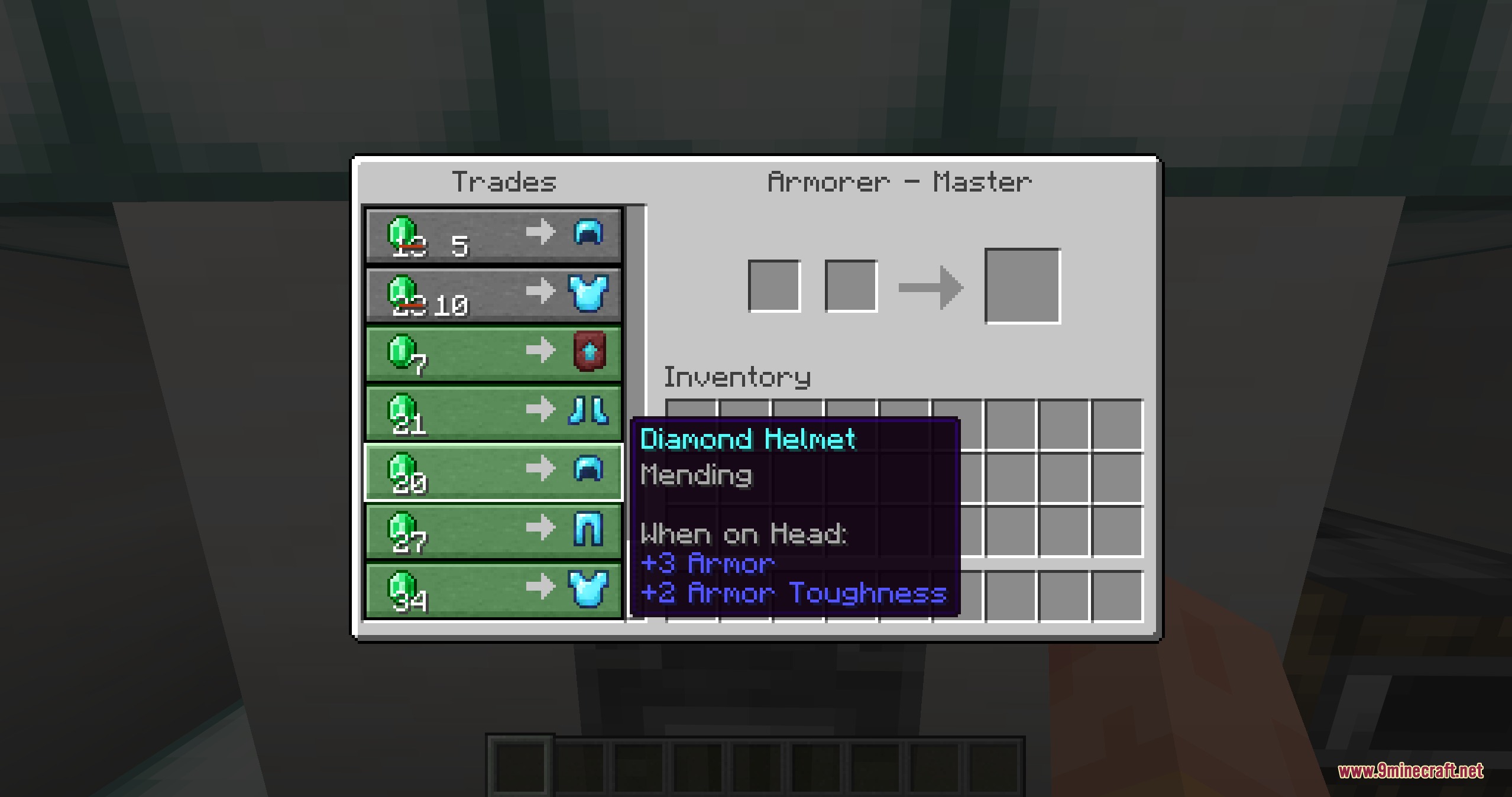 Hero of the Village Plus Better Villagers and Extra Trades Mod Screenshot 6 Master armorer trading interface showing exclusive diamond armor trades in green