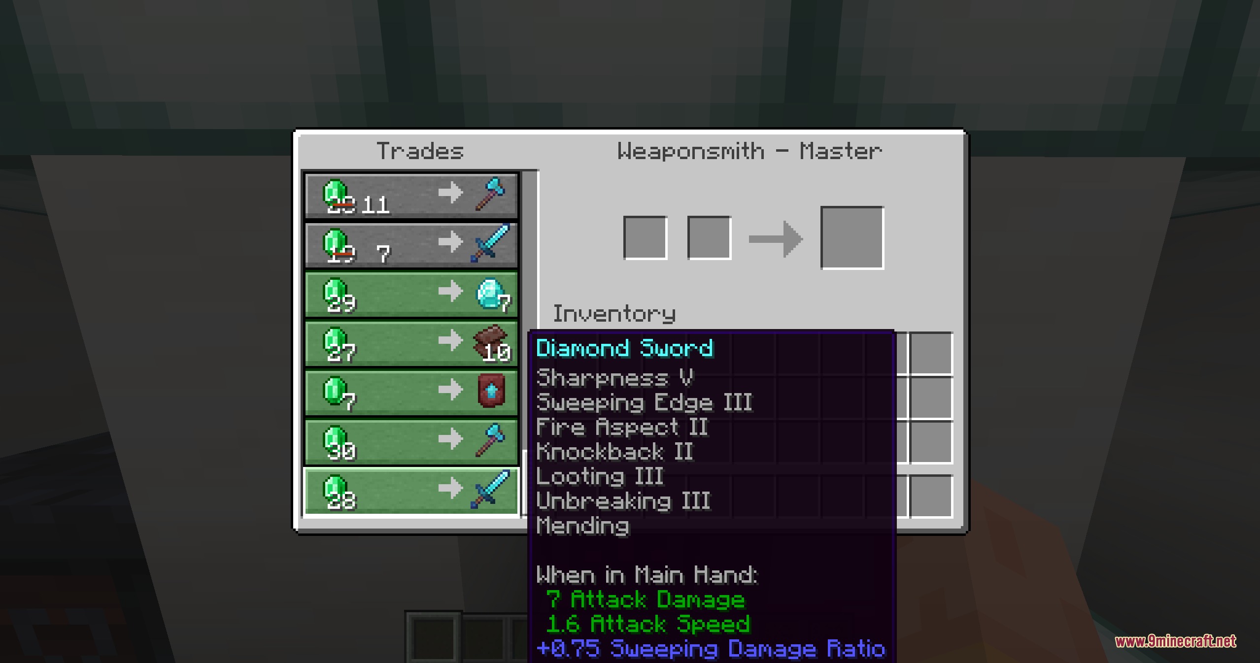 Hero of the Village Plus Better Villagers and Extra Trades Mod Screenshot 7 Master Weaponsmith trading a diamond sword with maxed enchantments in Minecraft