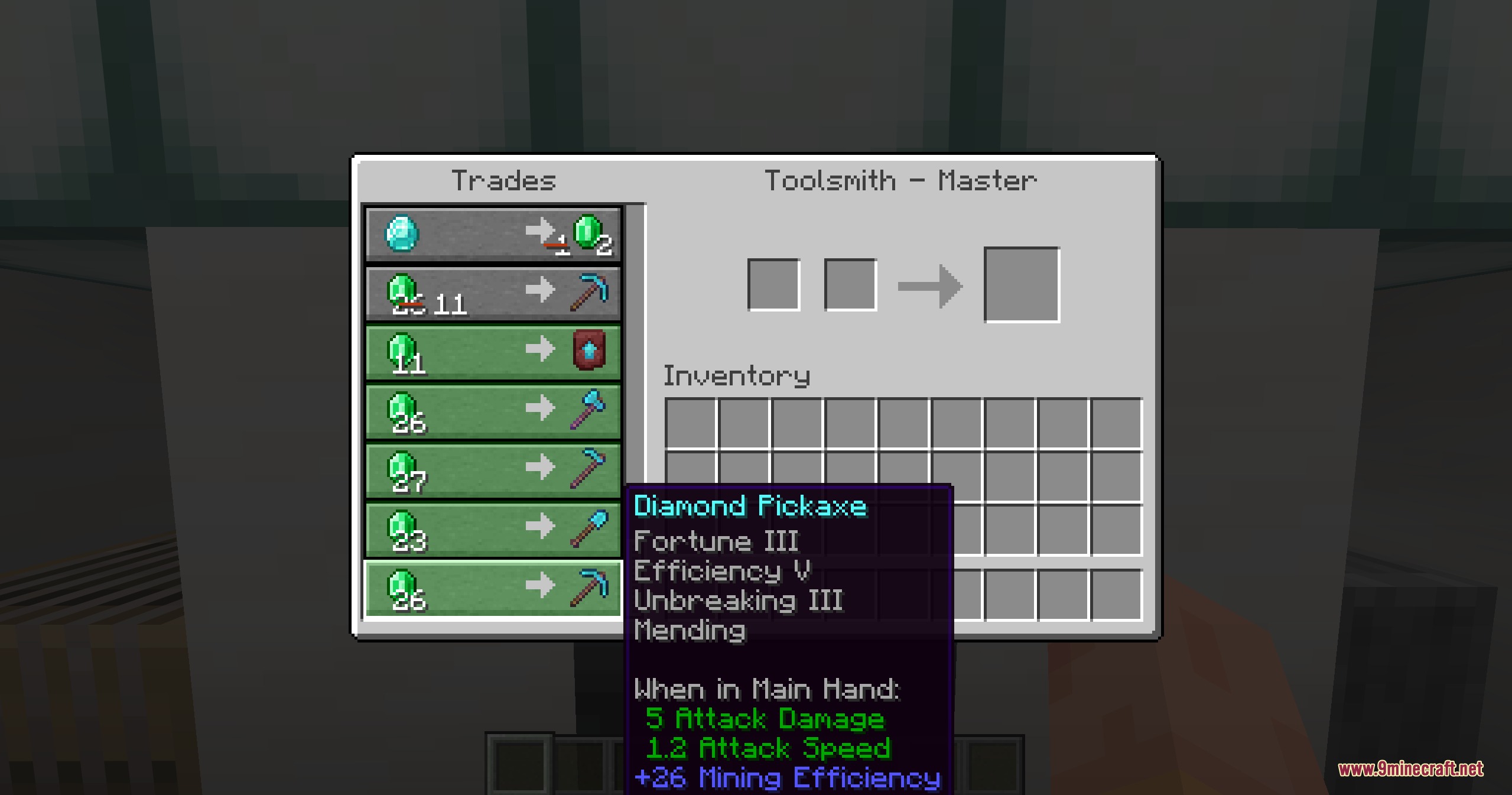 Hero of the Village Plus Better Villagers and Extra Trades Mod Screenshot 8 Master Toolsmith offering a diamond pickaxe with multiple high level enchantments