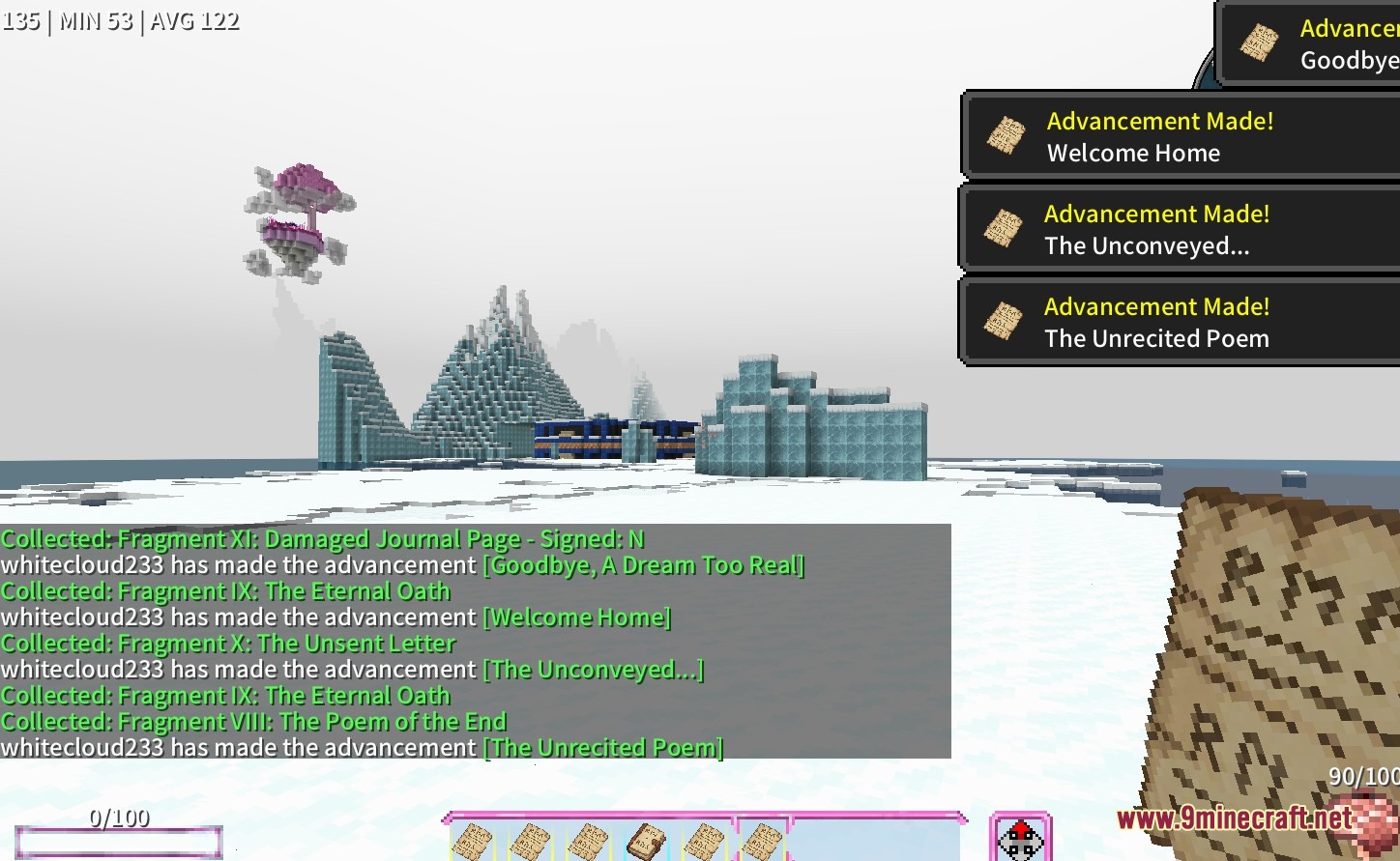 Herobrine Companion Mod Screenshot 2 Player earns several advancements while holding a scroll in a snowy landscape