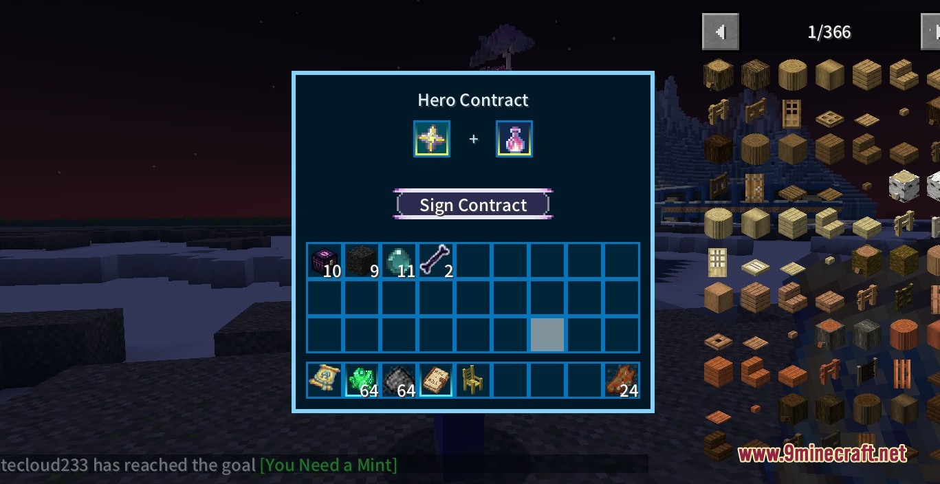 Herobrine Companion Mod Screenshot 3 A custom menu interface for signing a hero contract in Minecraft