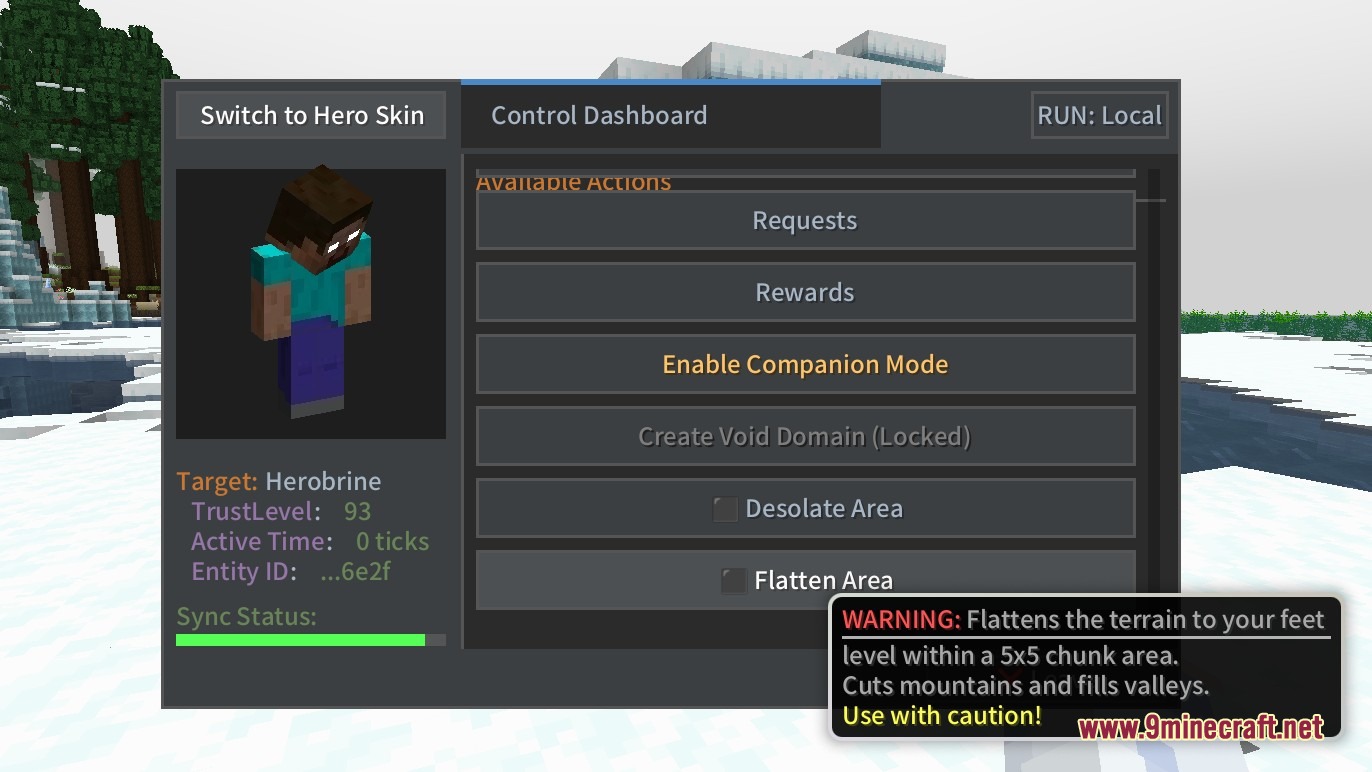 Herobrine Companion Mod Screenshot 5 Control dashboard interface showing trust levels and companion settings for Herobrine