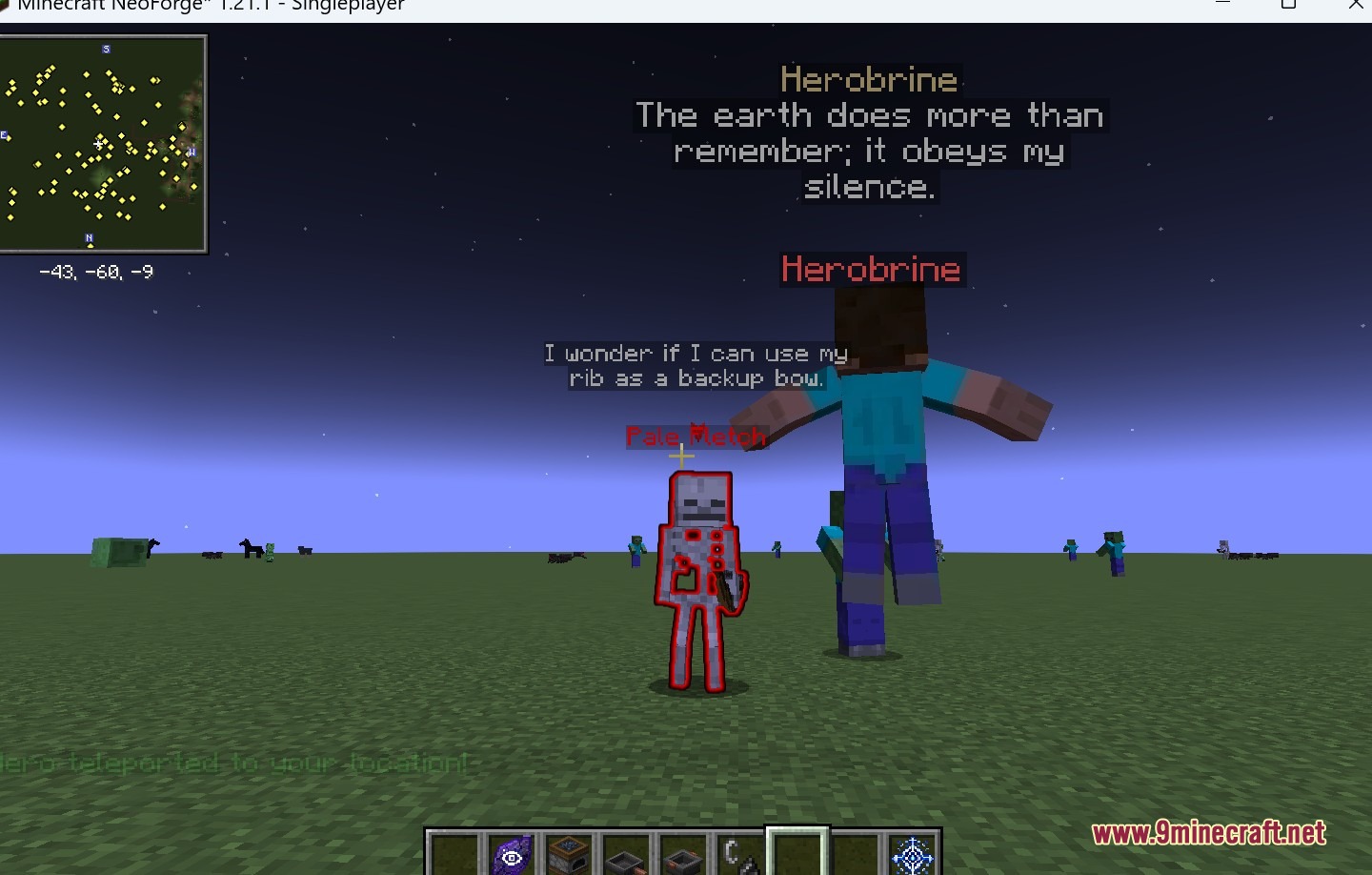 Herobrine Companion Mod Screenshot 6 Herobrine standing near an awakened skeleton with dialogue text appearing above them