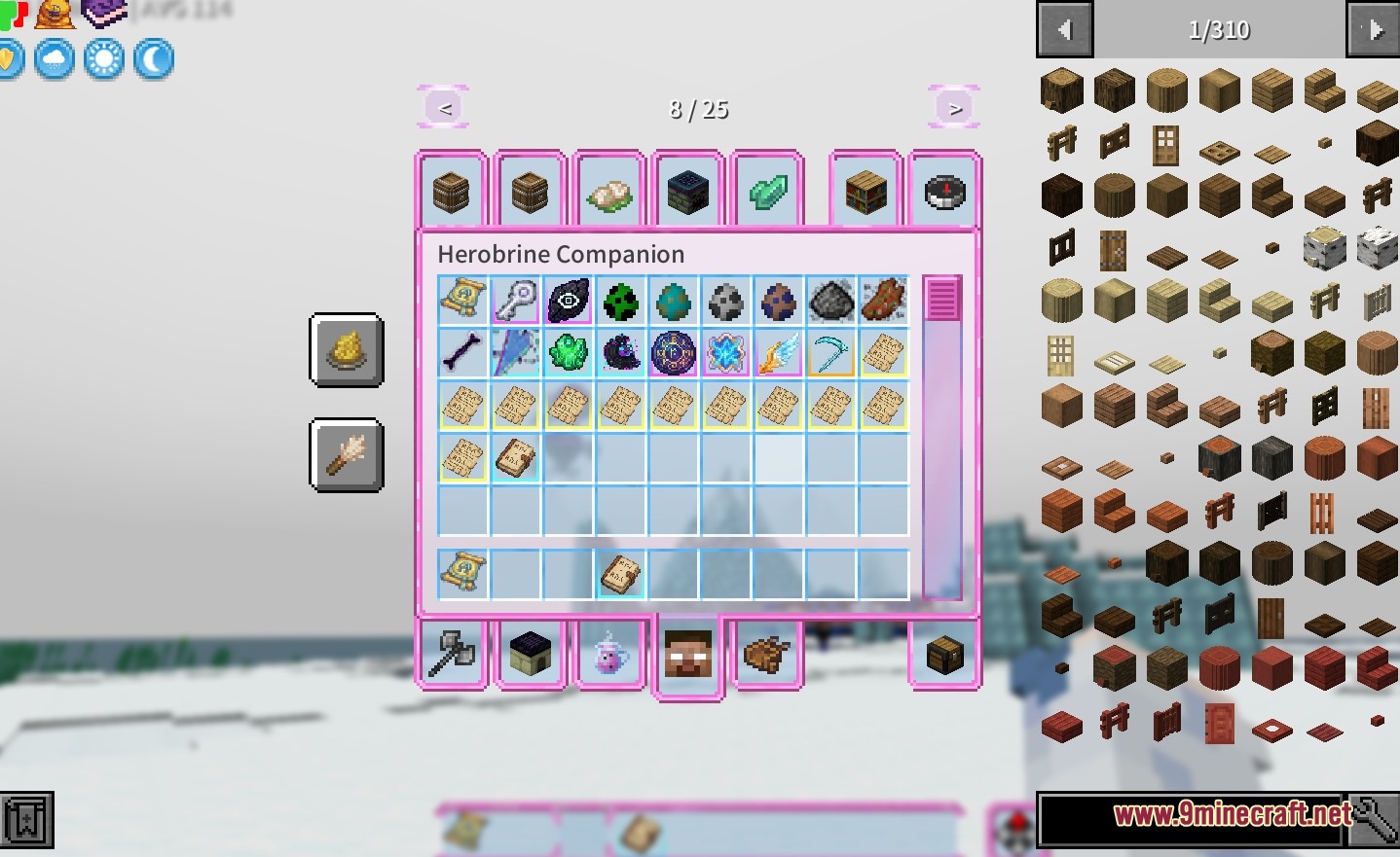 Herobrine Companion Mod Screenshot 7 A pink Minecraft user interface displaying items from the Herobrine Companion mod