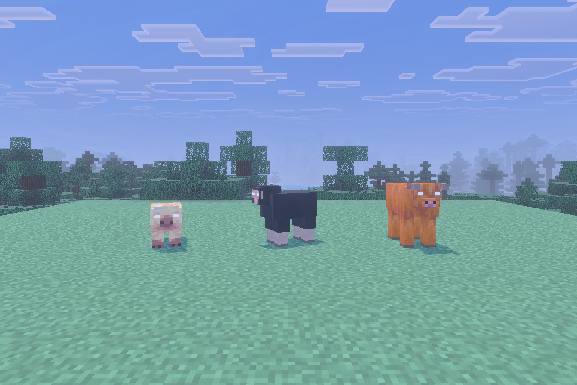 Herobrine Lurking Addon Screenshot 2 Possessed animals with glowing white eyes standing together on a flat grassy plain