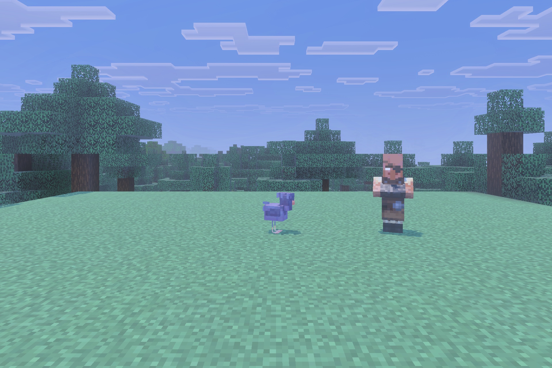 Herobrine Lurking Addon Screenshot 3 A possessed villager with glowing white eyes stands near a purple chicken on grass