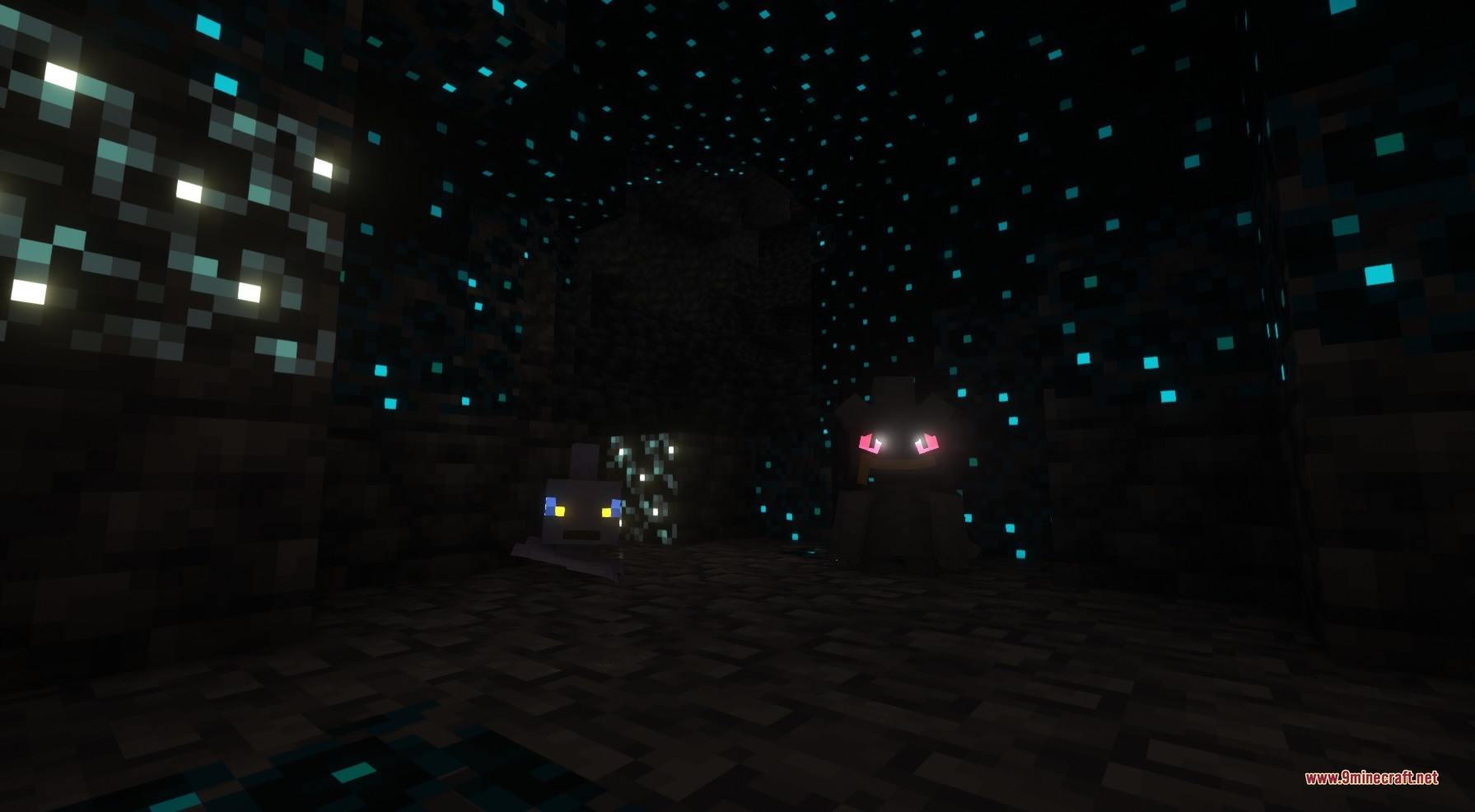 Shuppet and Banette with glowing eyes in the deep dark biome