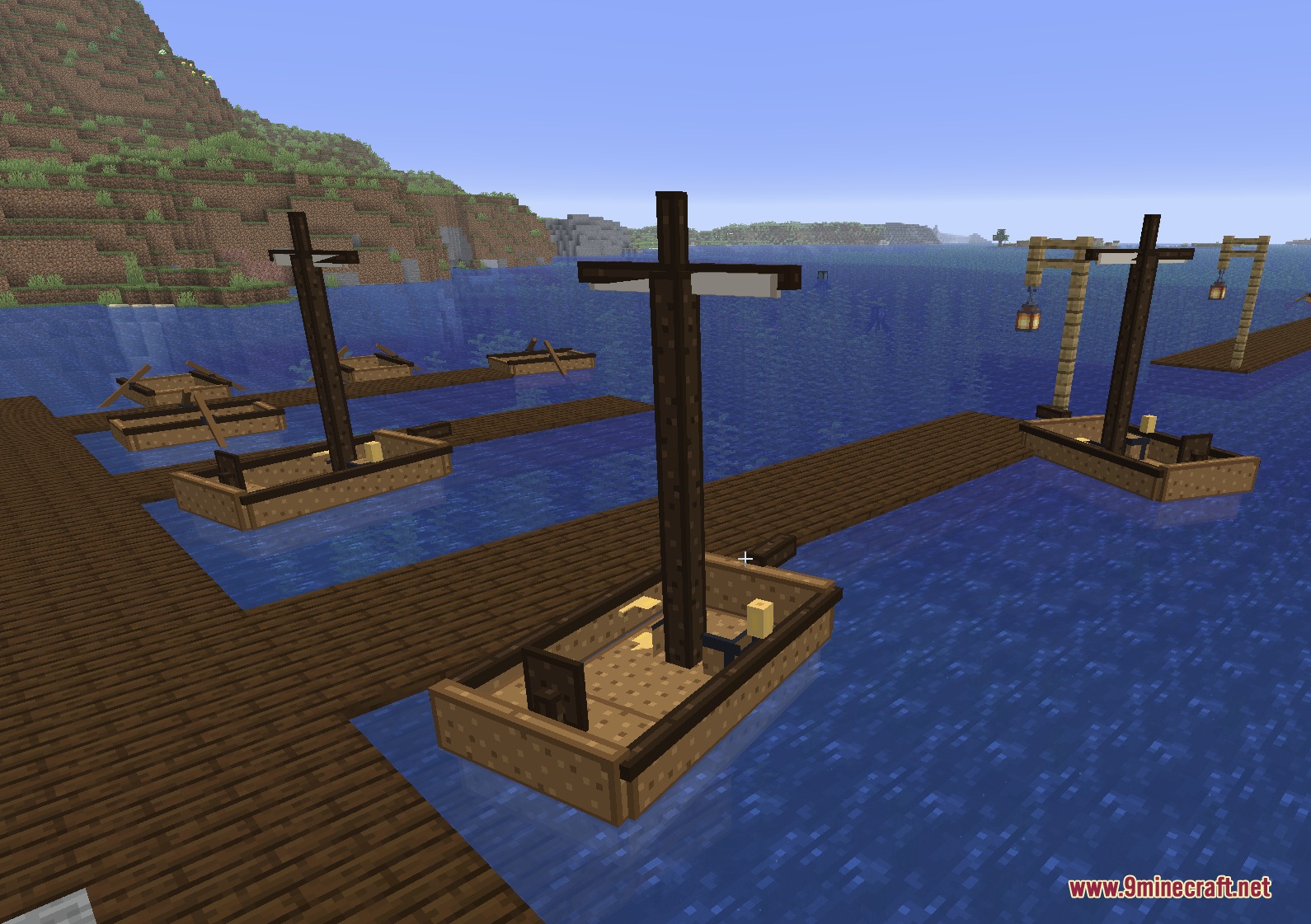 High-resolution Vessel Craft Mod Screenshot 1 Several steerable wooden ships from the Vessel Craft Mod docked at a pier