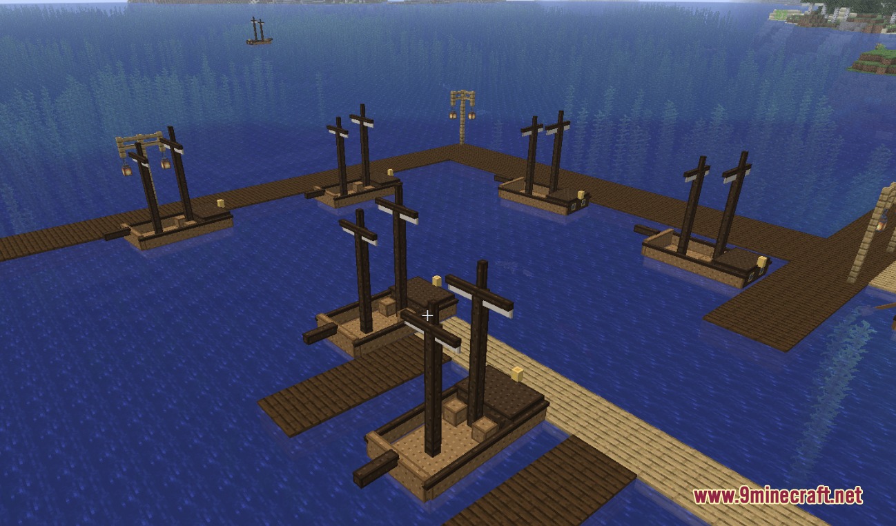 High-resolution Vessel Craft Mod Screenshot 3 Several wooden ships docked at a wooden pier in the ocean