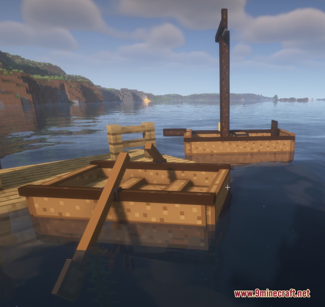 High-resolution Vessel Craft Mod Screenshot 4 Two wooden boats floating on the water with realistic shader effects