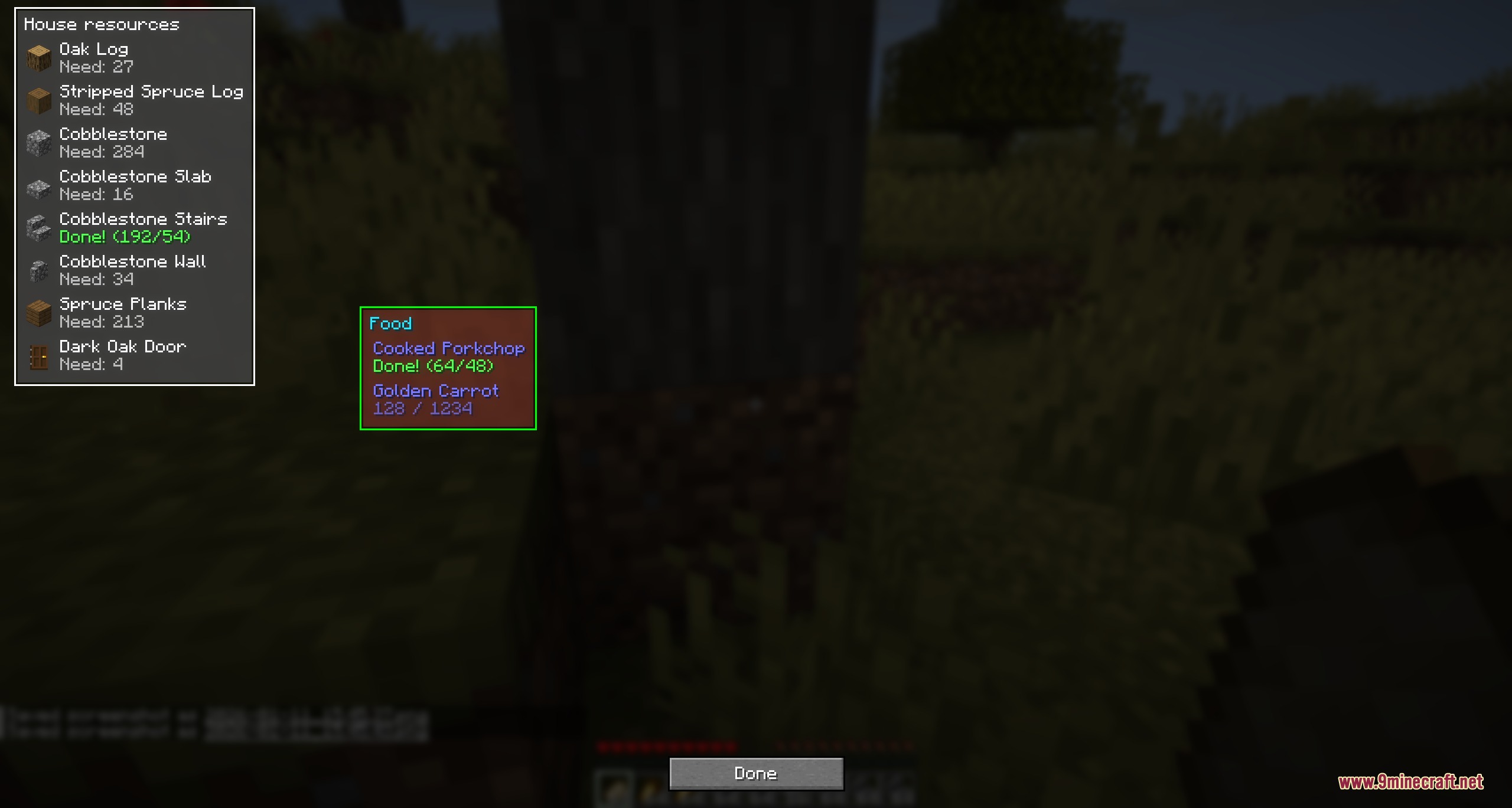 Hoarders Questline Mod Screenshot 3 Minecraft gameplay screen displaying custom item tracking lists for building materials and food