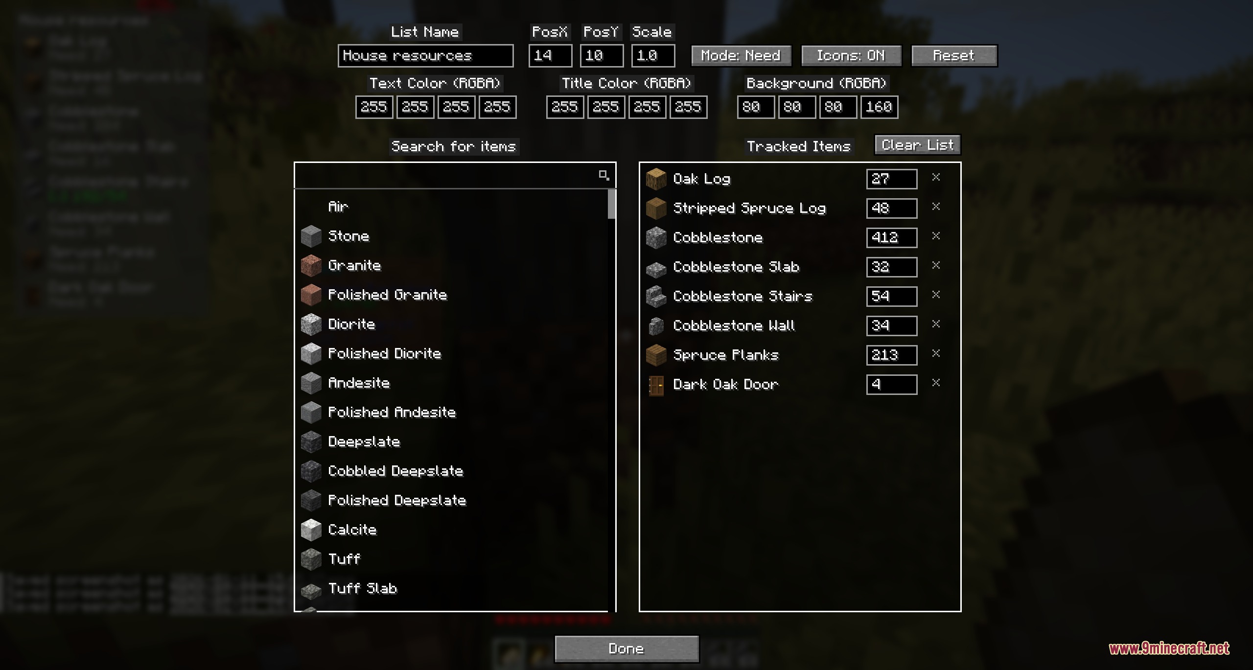 Hoarders Questline Mod Screenshot 4 Menu interface for searching items and managing a list of tracked project resources