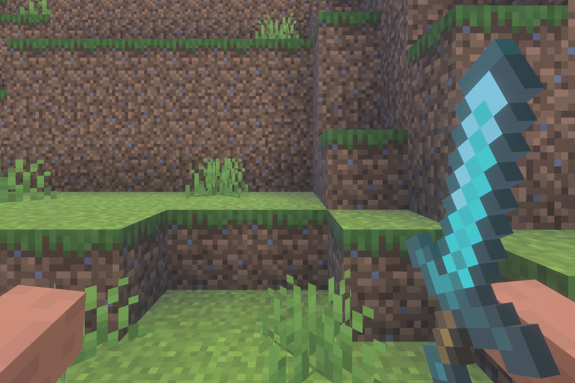A player holding a diamond sword with the Hold my items Bedrock mod