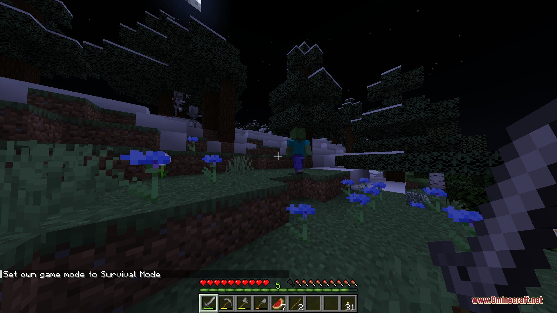Hollow Altar Rite Mod Screenshot 1 A player holding a stone sword explores a dark forest with eerie blue flowers