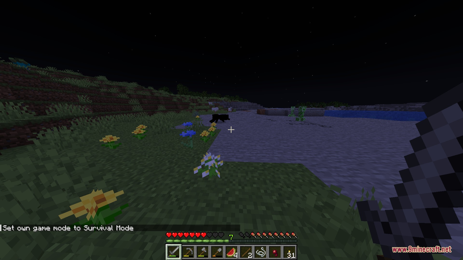 Hollow Altar Rite Mod Screenshot 3 Player holding a sword encounters a mysterious dark creature during the night