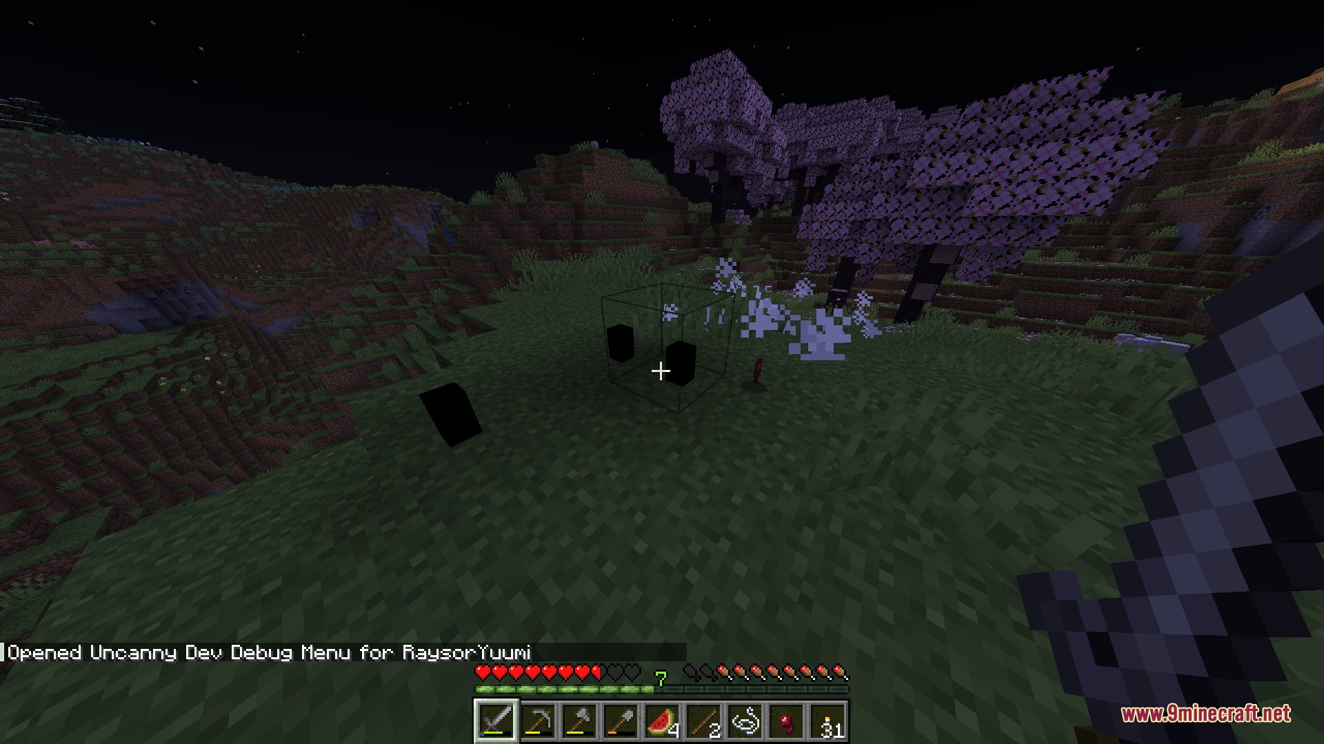 Hollow Altar Rite Mod Screenshot 7 Player encounters uncanny black entities near cherry blossom trees at night