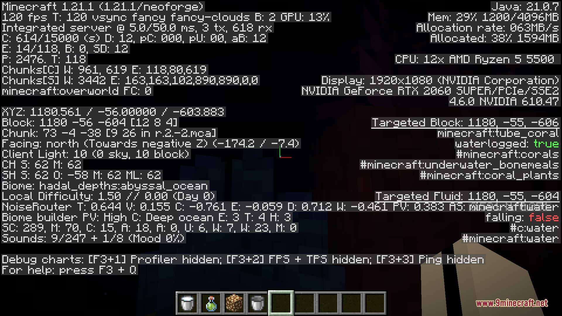 Minecraft debug screen showing coordinates and biome in a deep ocean trench