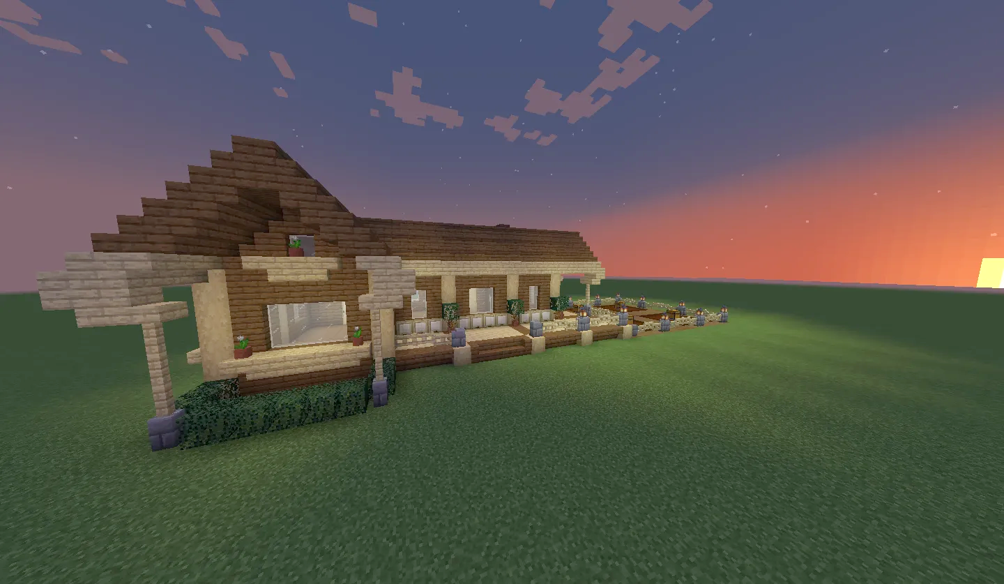 Home Schematic Screenshots 1 A wooden Minecraft house with sandstone accents during a vibrant sunset