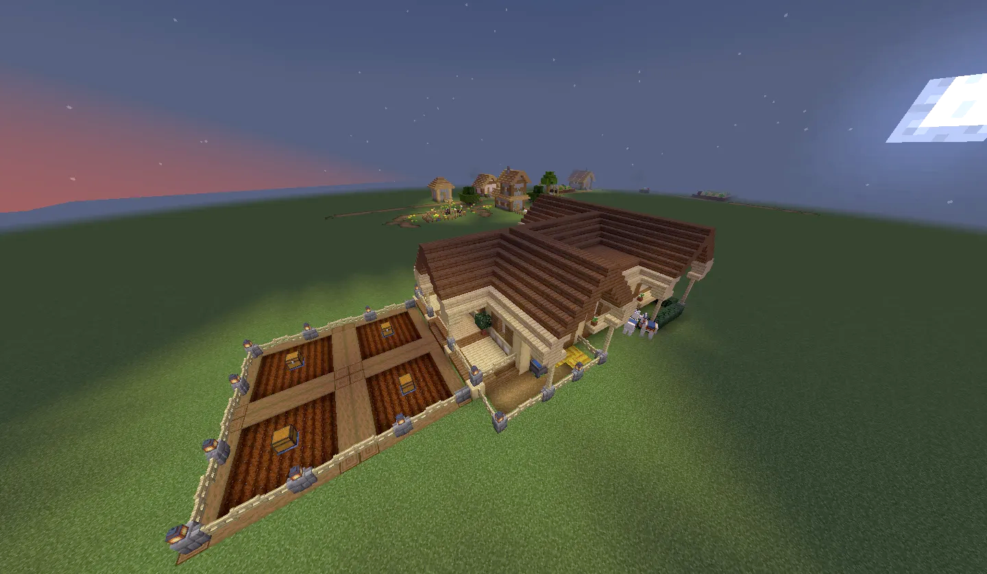 Home Schematic Screenshots 3 Aerial view of a Minecraft house featuring a large fenced farm area