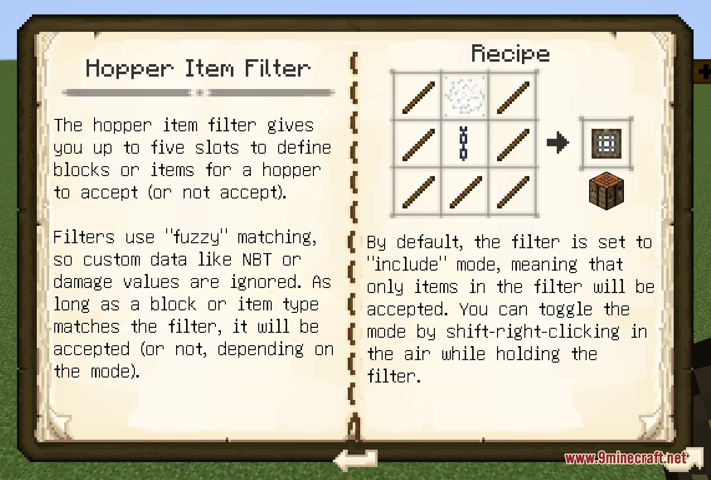 Hopper X Treme Mod Screenshot 2 Guidebook page showing the crafting recipe for a hopper item filter