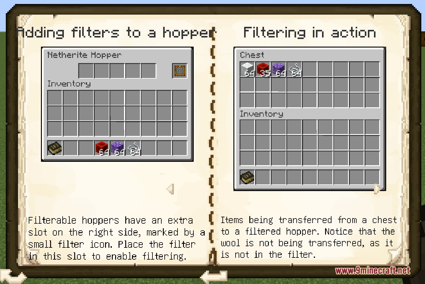 Hopper X Treme Mod Screenshot 3 Guide book showing the inventory interface for filtering items in a Netherite Hopper