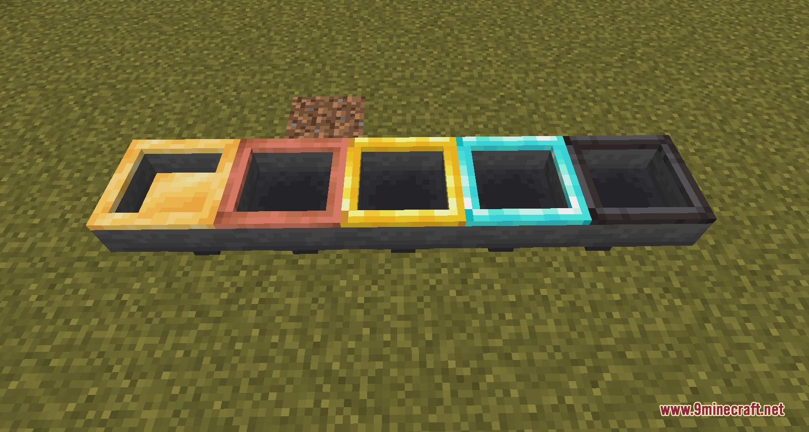Hopper X Treme Mod Screenshot 7 Five upgraded hoppers from the Hopper X Treme mod placed on grass
