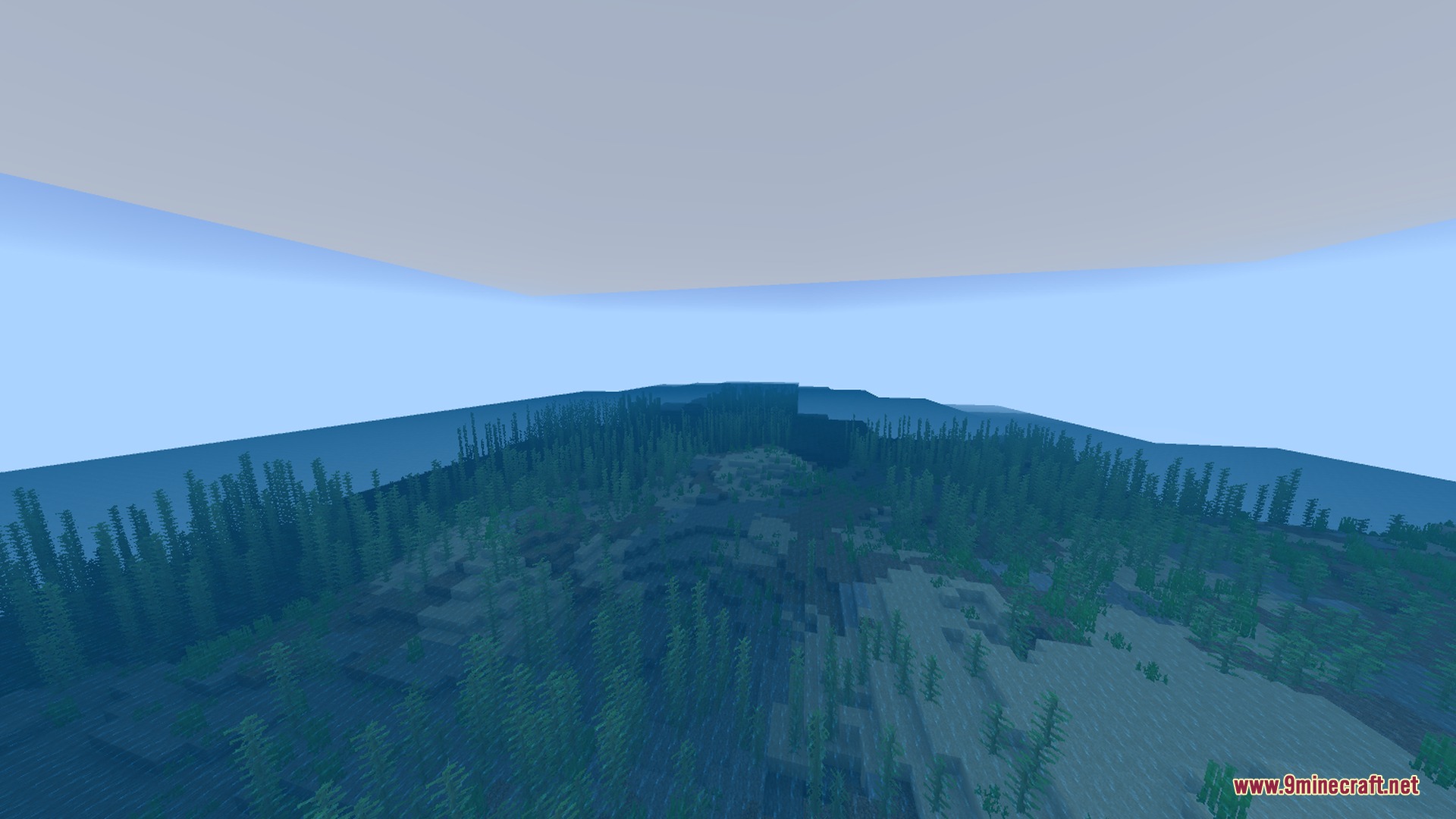 The clear blue water of a Minecraft ocean filled with tall seagrass