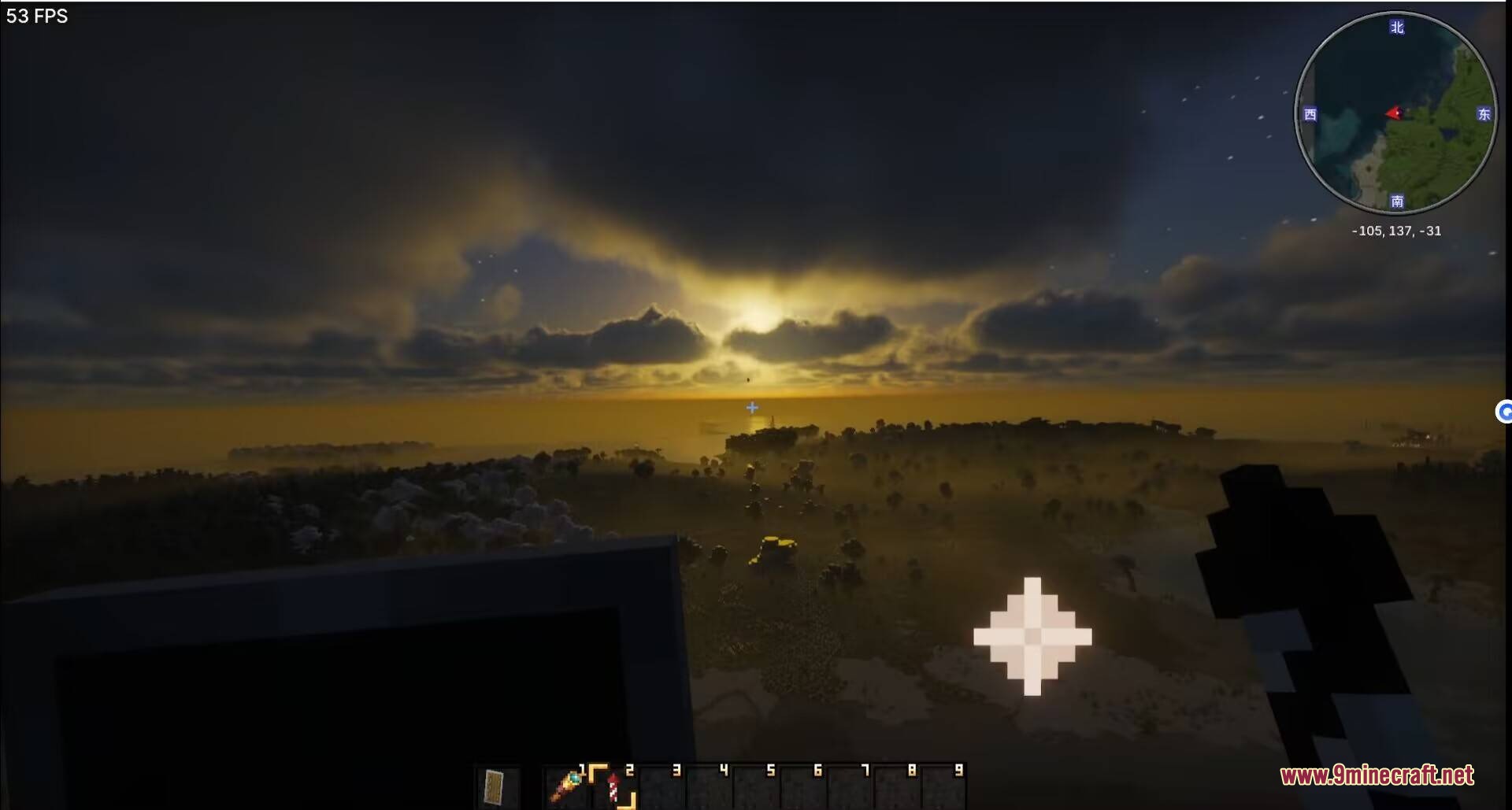 Horizon Reach Render Mod Screenshot 3 Horizon Reach Render Mod displays distant terrain chunks during a dark sunset view