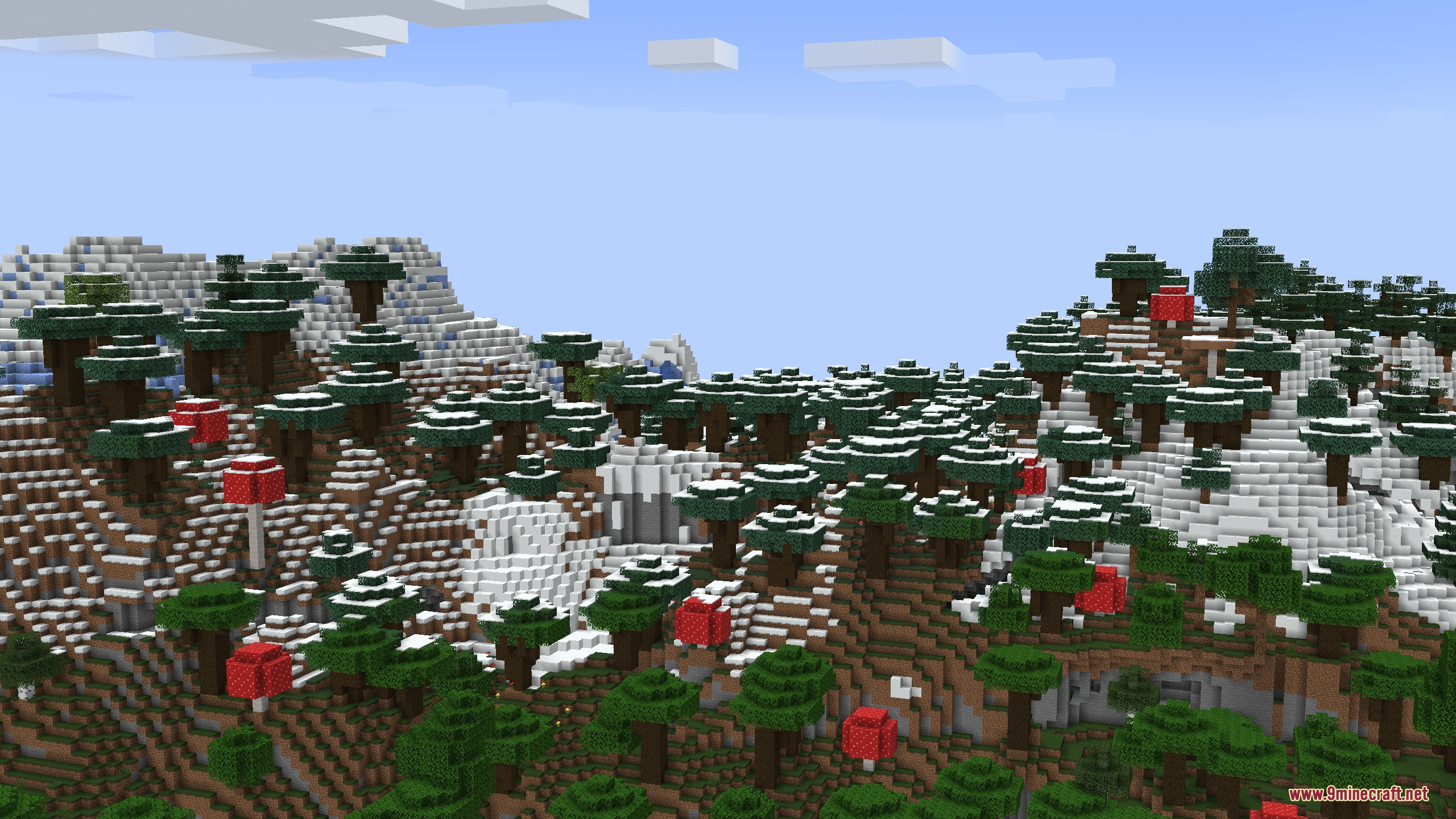 Horizon Tapestry Mod Screenshot 1 Snowy mountain slopes featuring spruce trees and giant red mushrooms in Minecraft