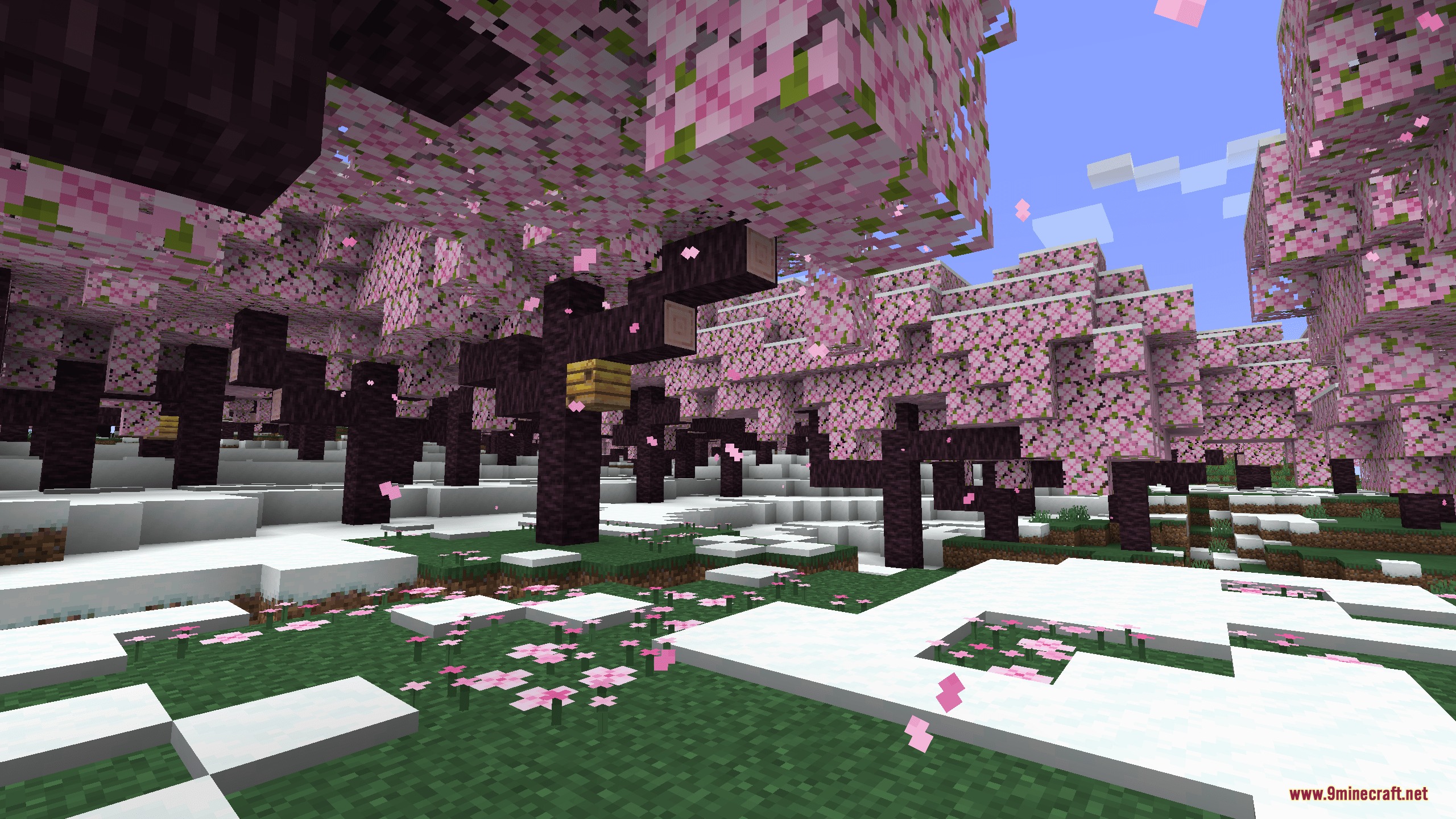 Horizon Tapestry Mod Screenshot 3 Snowy cherry grove biome featuring pink leaves and a hanging beehive