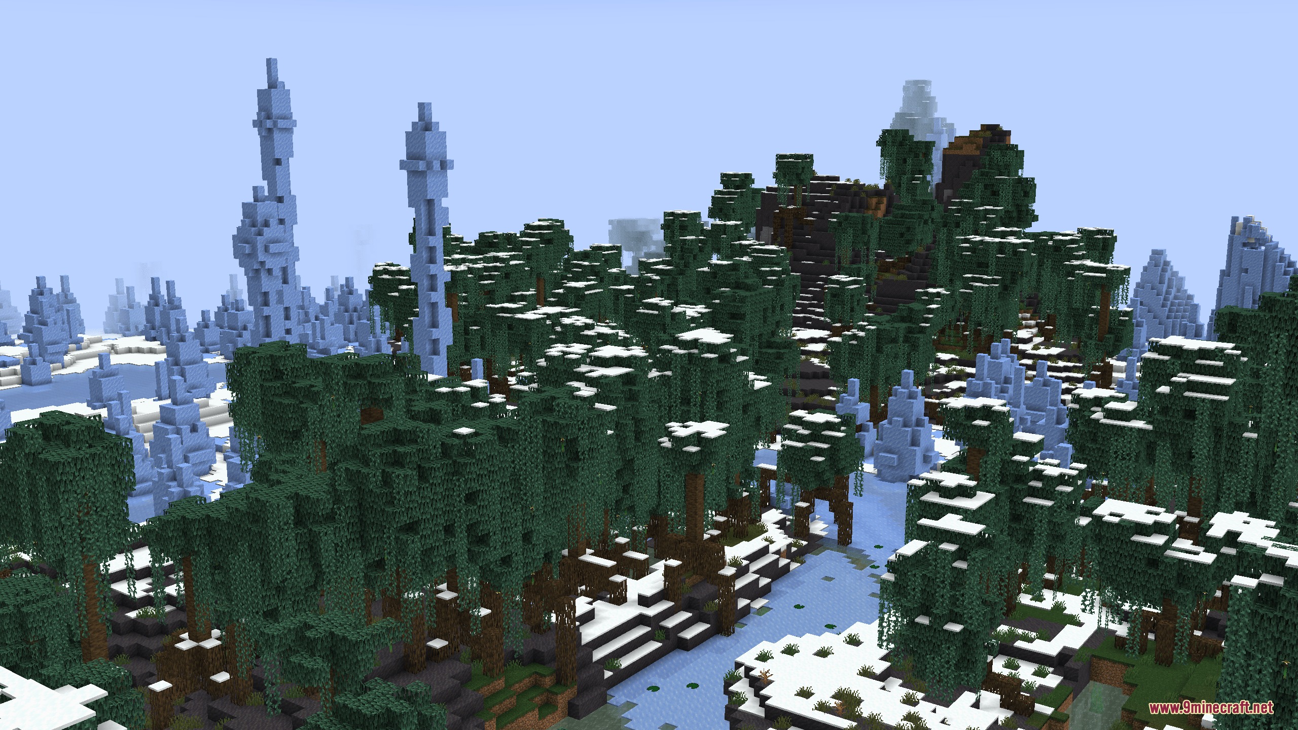 Horizon Tapestry Mod Screenshot 4 Frozen mangrove swamp with snow covered ground and towering blue ice spikes