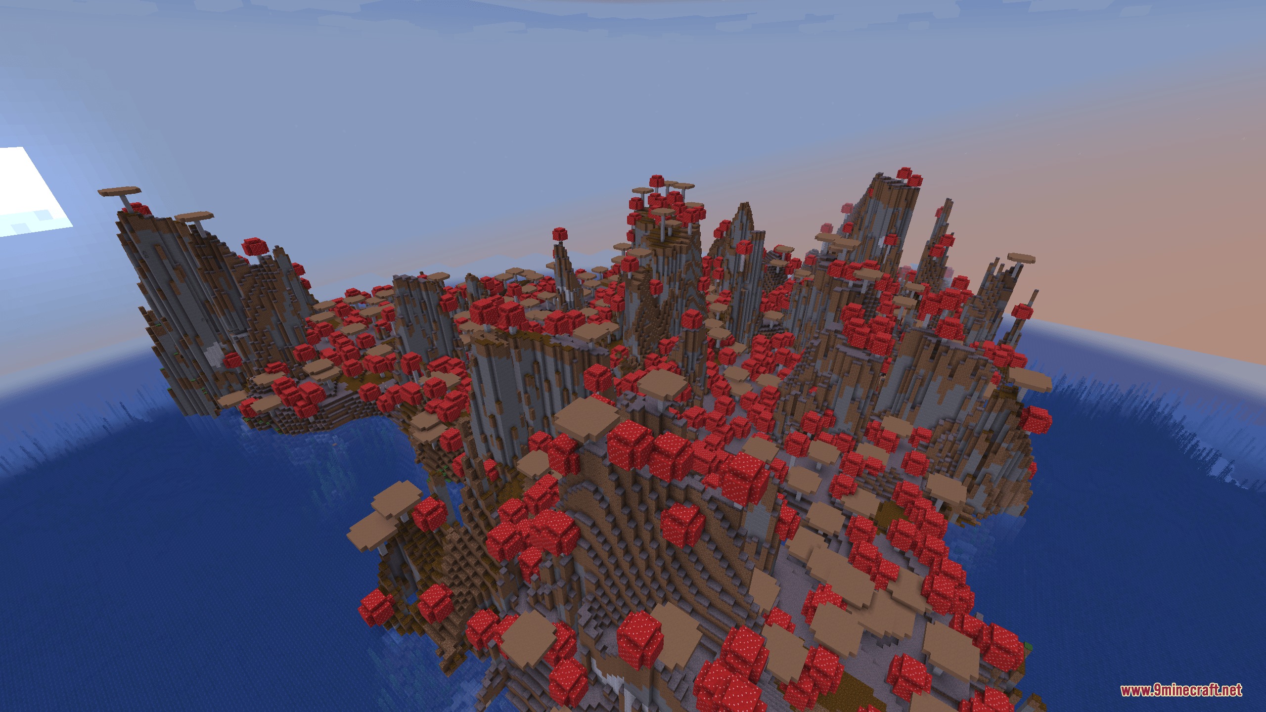 Horizon Tapestry Mod Screenshot 5 A vast eroded mushroom island biome with towering cliffs and red mushrooms