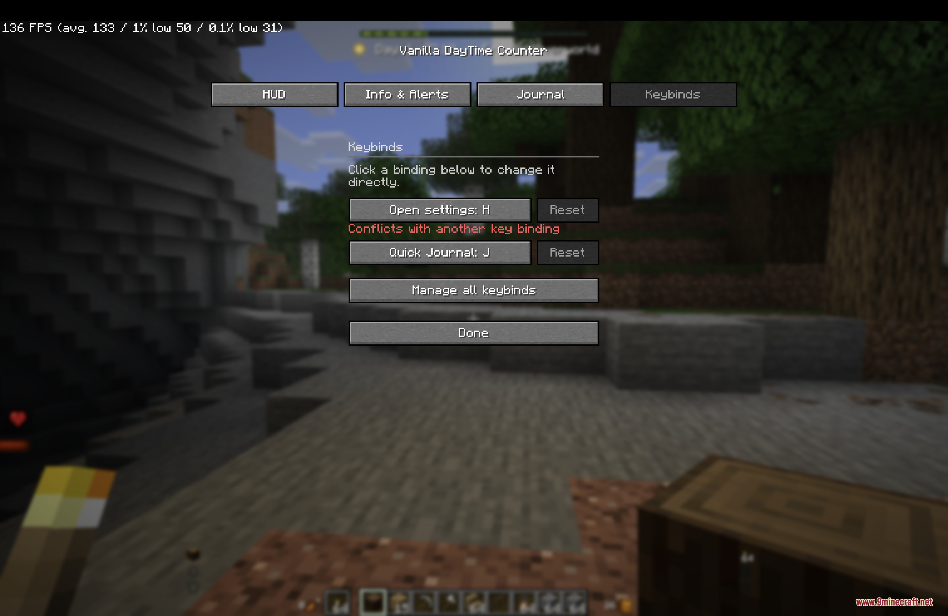 Horizon XP Tracker Mod Screenshot 1 Minecraft settings interface showing keybind options for the Horizon XP Tracker mod