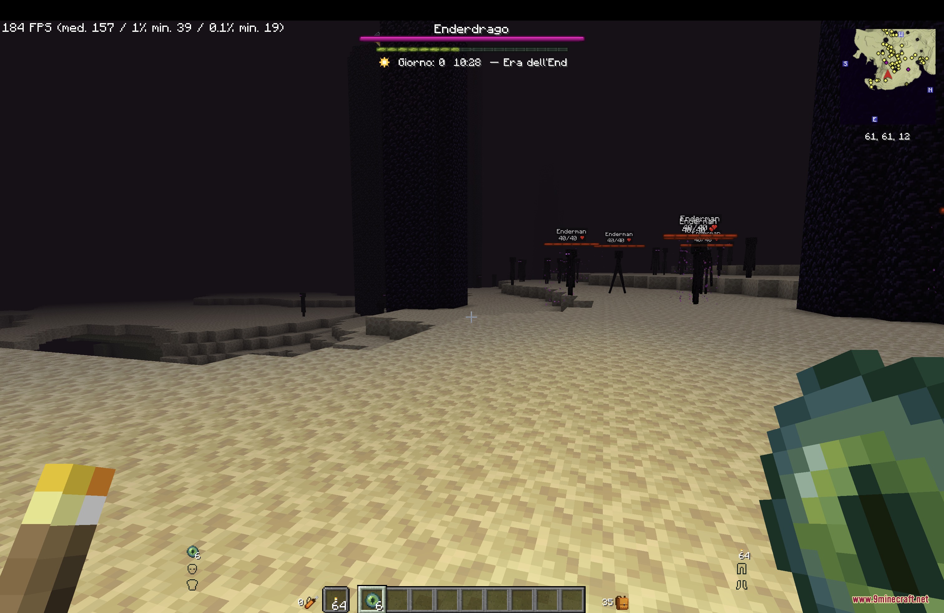 Horizon XP Tracker Mod Screenshot 2 Player exploring the End dimension with a custom day and time HUD overlay