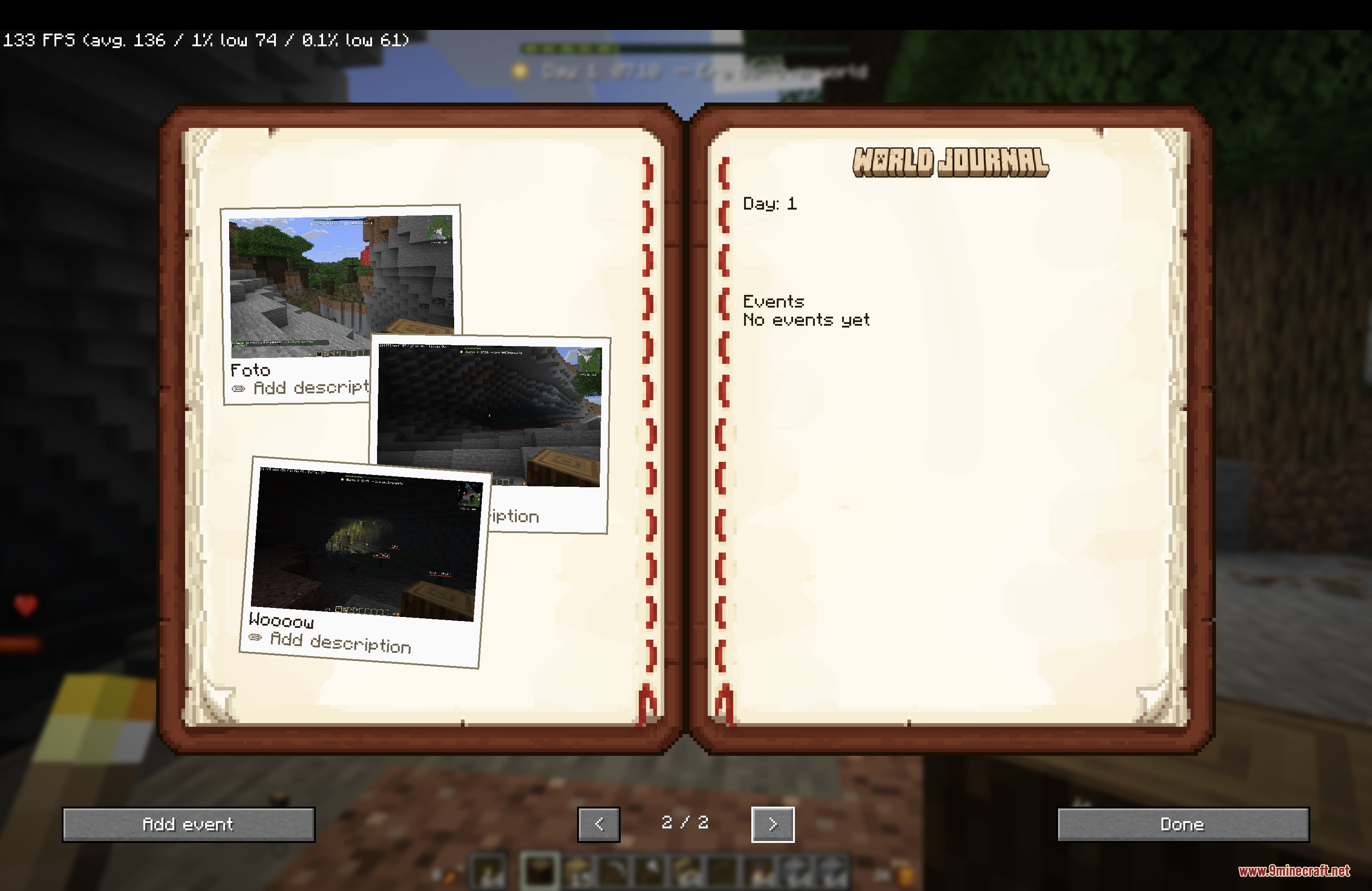 Horizon XP Tracker Mod Screenshot 3 The world journal interface displays captured photos and daily events in a book