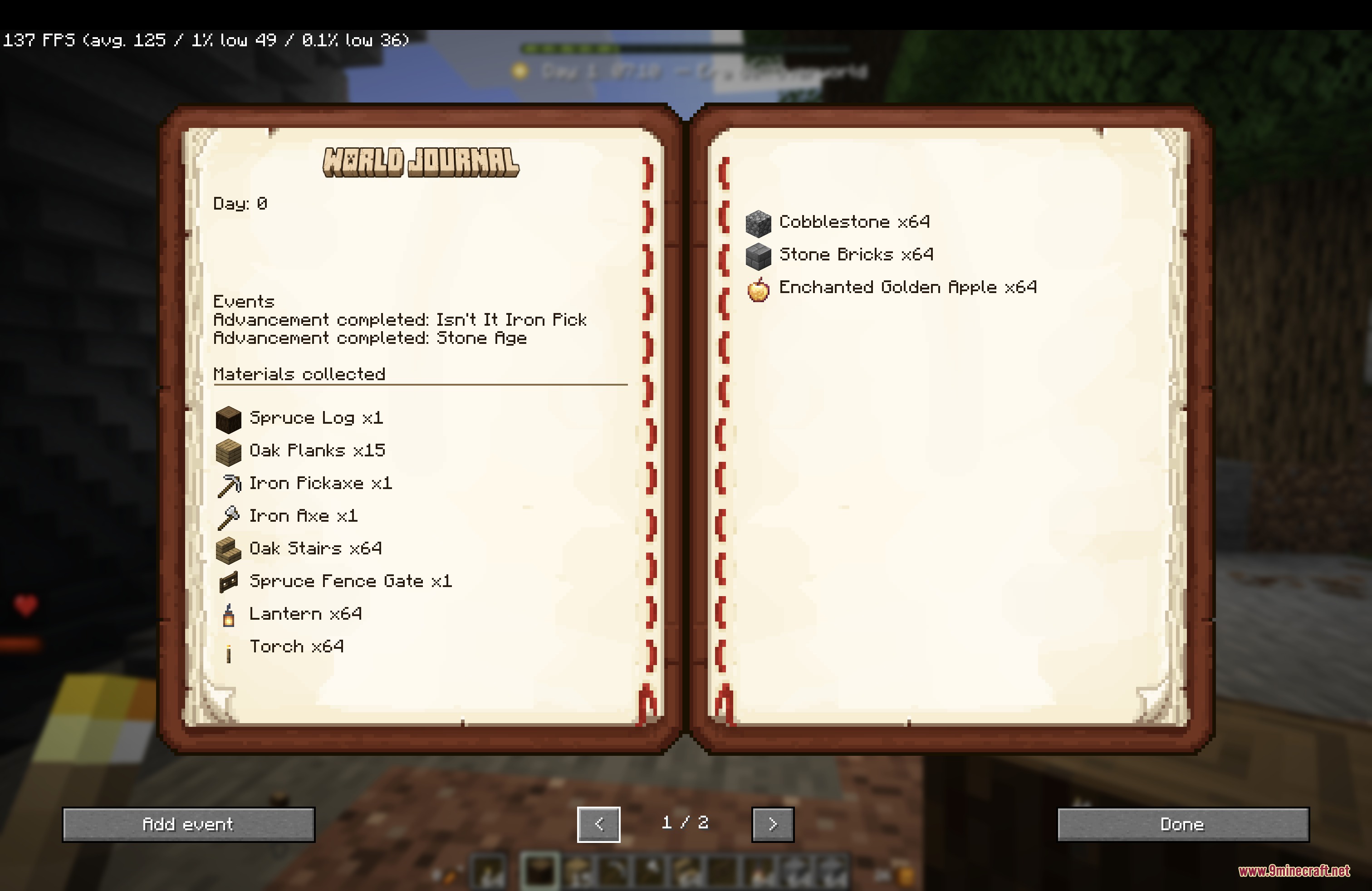 Horizon XP Tracker Mod Screenshot 5 A Minecraft world journal interface displaying collected materials and completed advancements